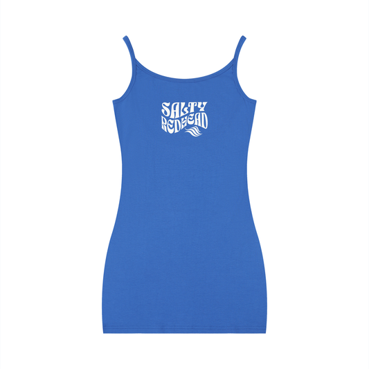 Blue bodycon mini dress with thin straps and a scoop neckline, featuring a white Salty Redhead graphic in Solino Display font on the chest.