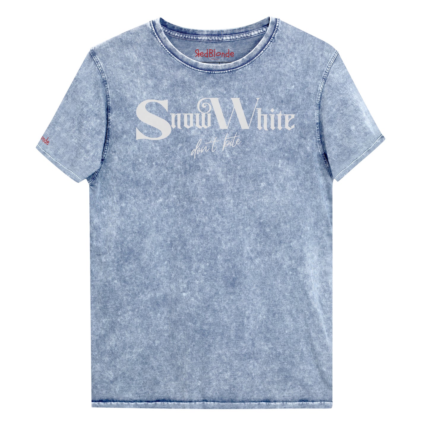 blue acid wash denim look unisex t-shirt featuring white Angel Rhapsody gothic-inspired font that reads “Snow White” and the phrase “don’t bite” written underneath in a cursive script. Branded RedBlonde London in red on inside neck and right sleeve