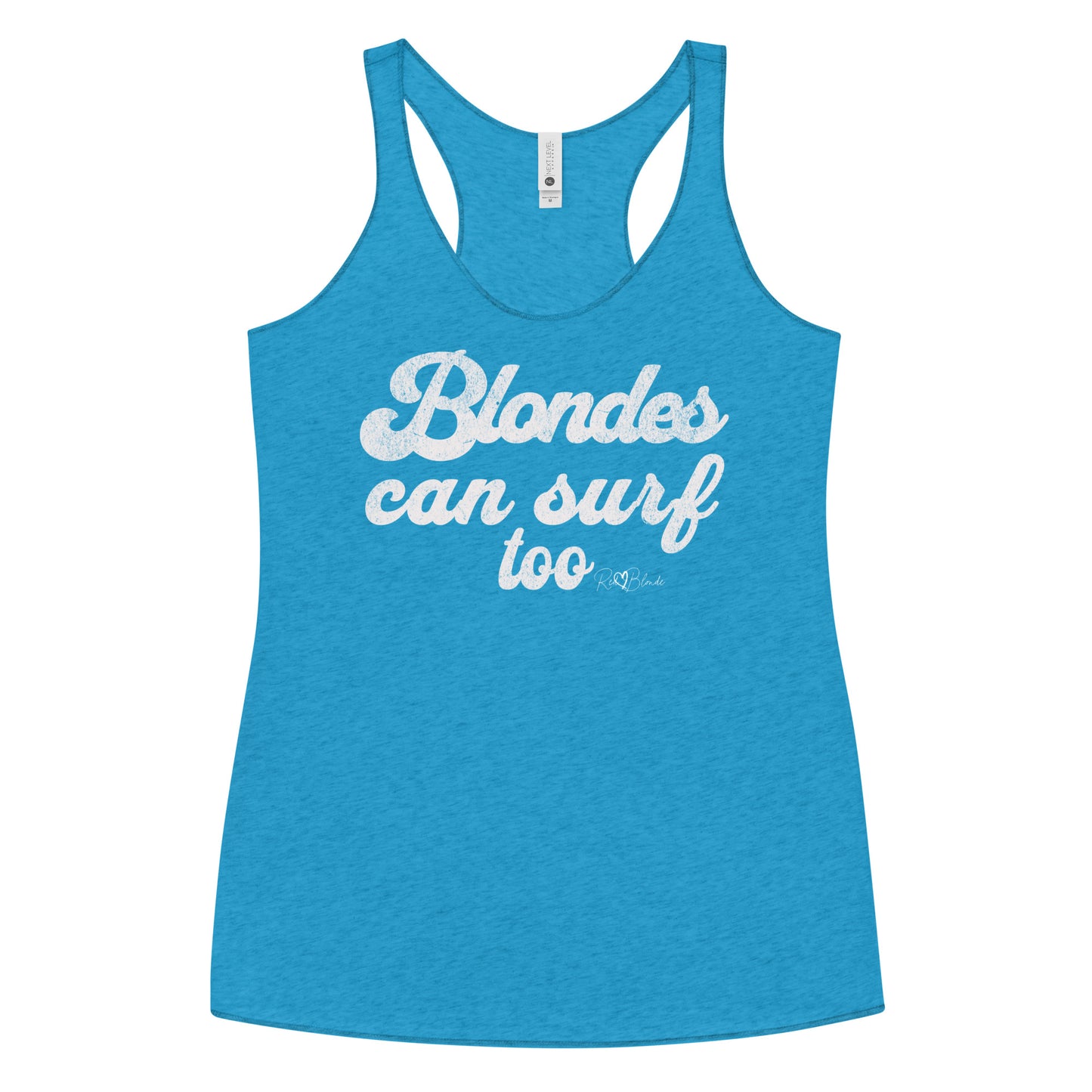 Vintage blue women’s racerback tank top with raw edge seams, featuring bold white retro-style Sunship text that reads “Blondes can surf too” with the RedBlonde signature beneath.