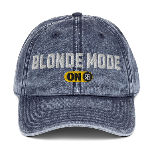blue denim cap with 'Blonde Mode ON' embroidered in white Univercity font with RB logo