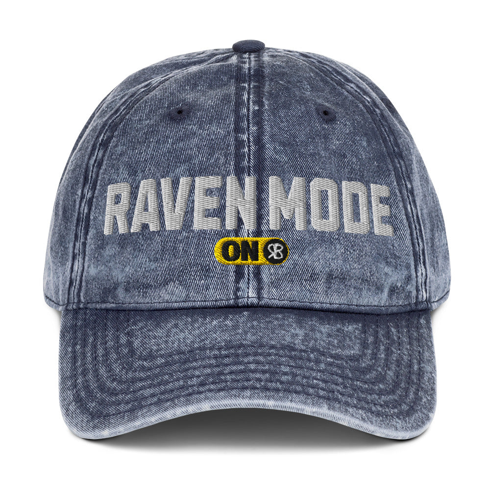 blue denim cap with 'Raven Mode ON' embroidered in white Univercity font with RB logo