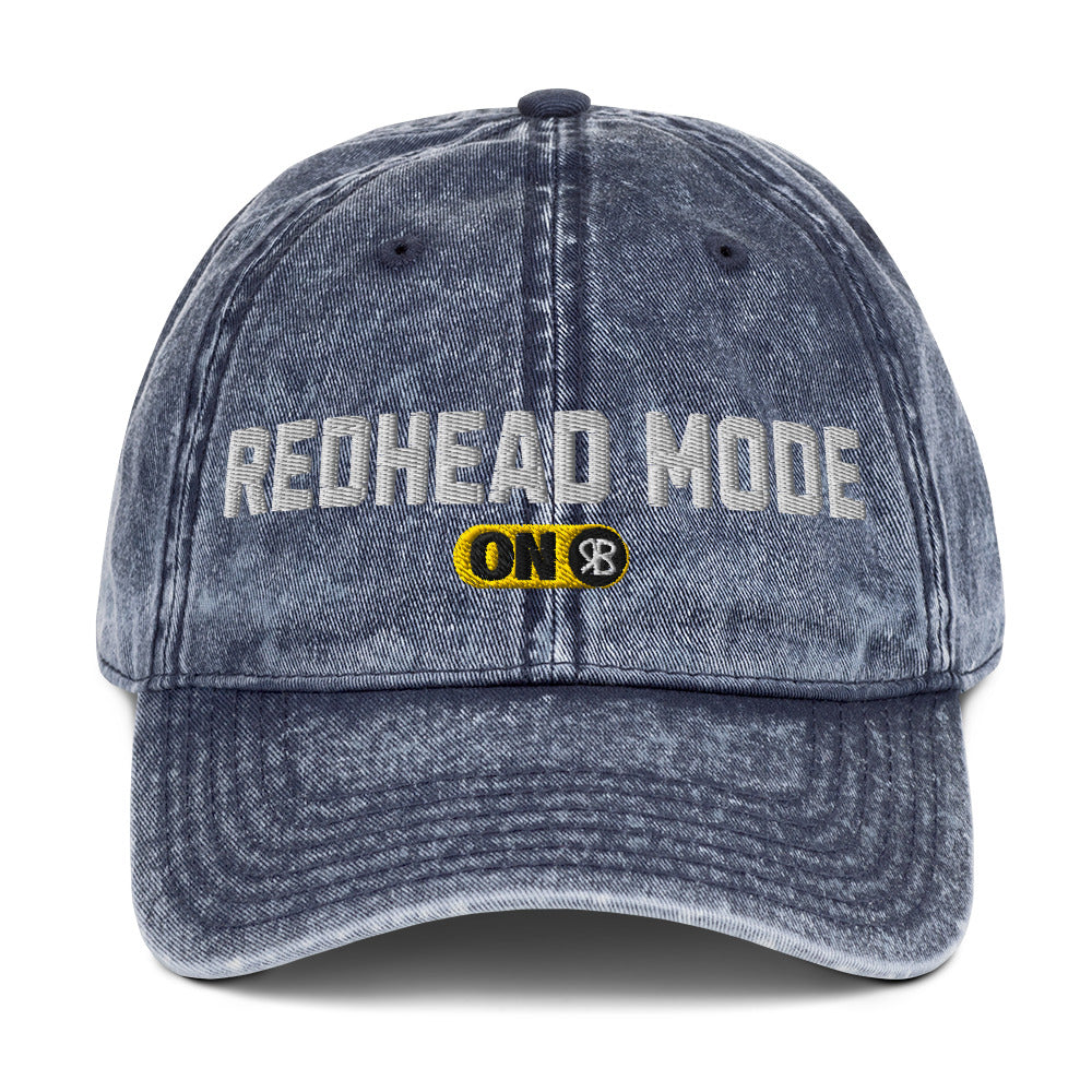 blue denim cap with 'Redhead Mode ON' embroidered in white Univercity font with RB logo