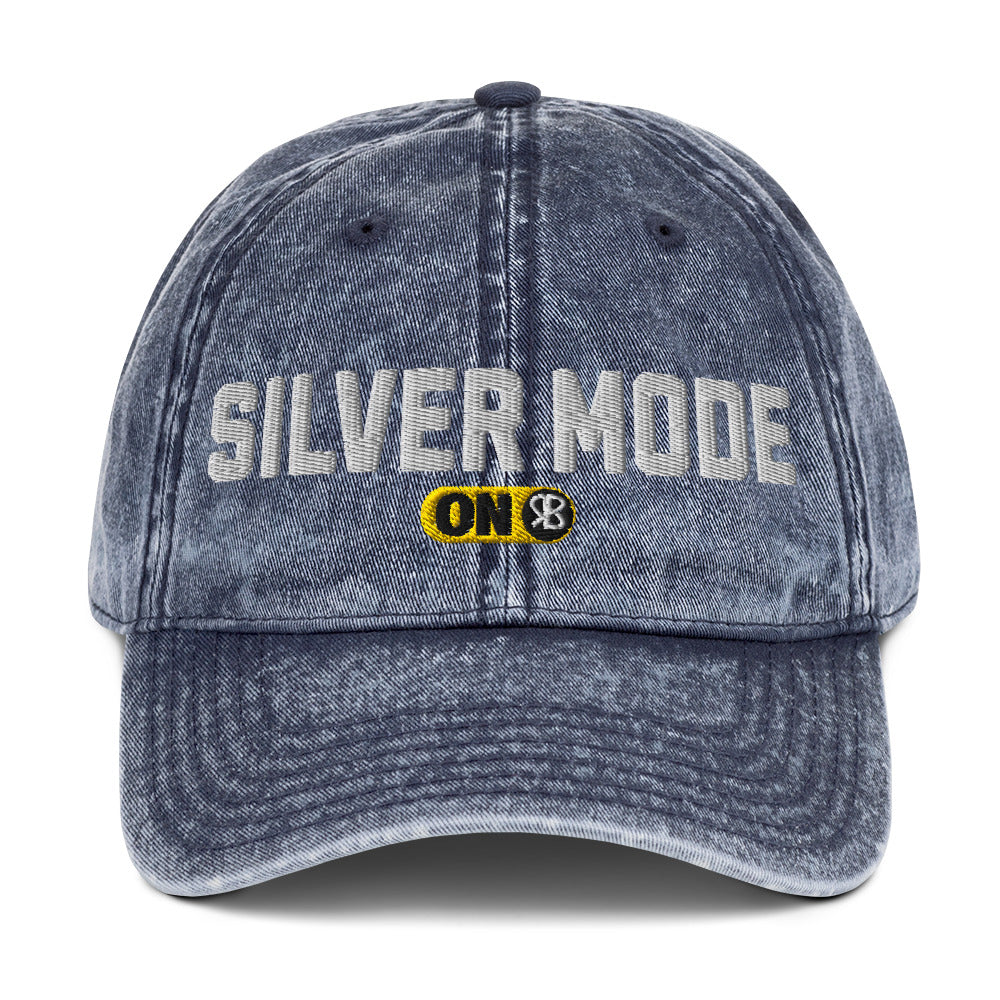 blue denim cap with 'Silver Mode ON' embroidered in white Univercity font with RB logo