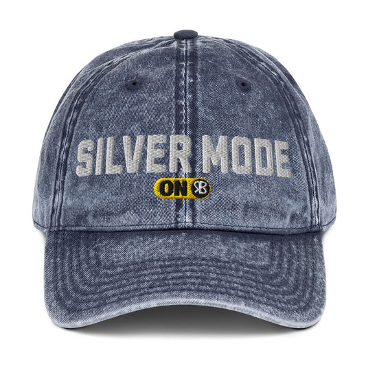 blue denim cap with 'Silver Mode ON' embroidered in white Univercity font with RB logo