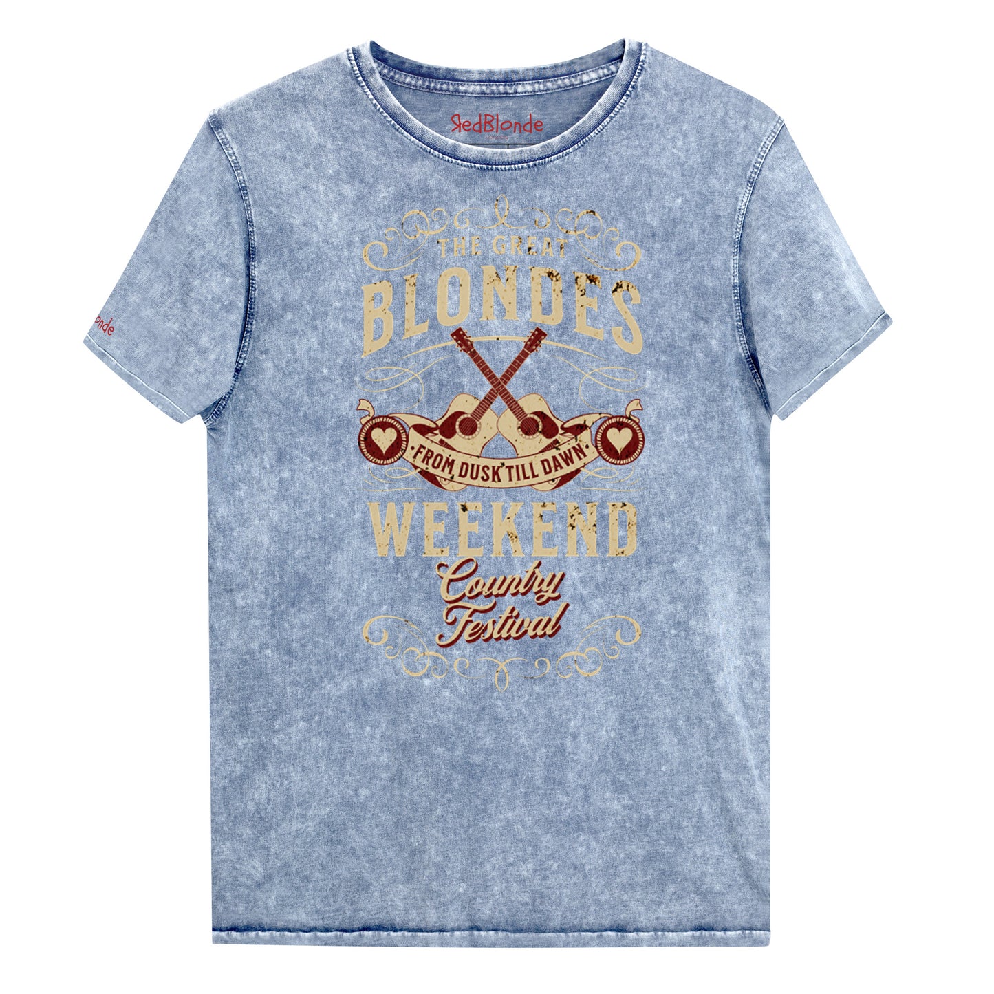 A unisex t-shirt in blue denim wash with a graphic featuring ‘THE GREAT BLONDES WEEKEND’ in Brookfield font and ‘Country Festival’ in Milkstore font around two guitars and a banner saying ‘From Dust Till Dawn’. Branded RedBlonde London on inside neck and right sleeve
