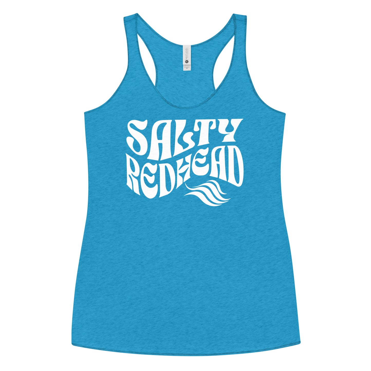 Flatlay of a blue turquoise soft racerback tank t-shirt with 'Salty Redhead' play on words slogan in white retro wavy 70s font. Branded RedBlonde London on reverse