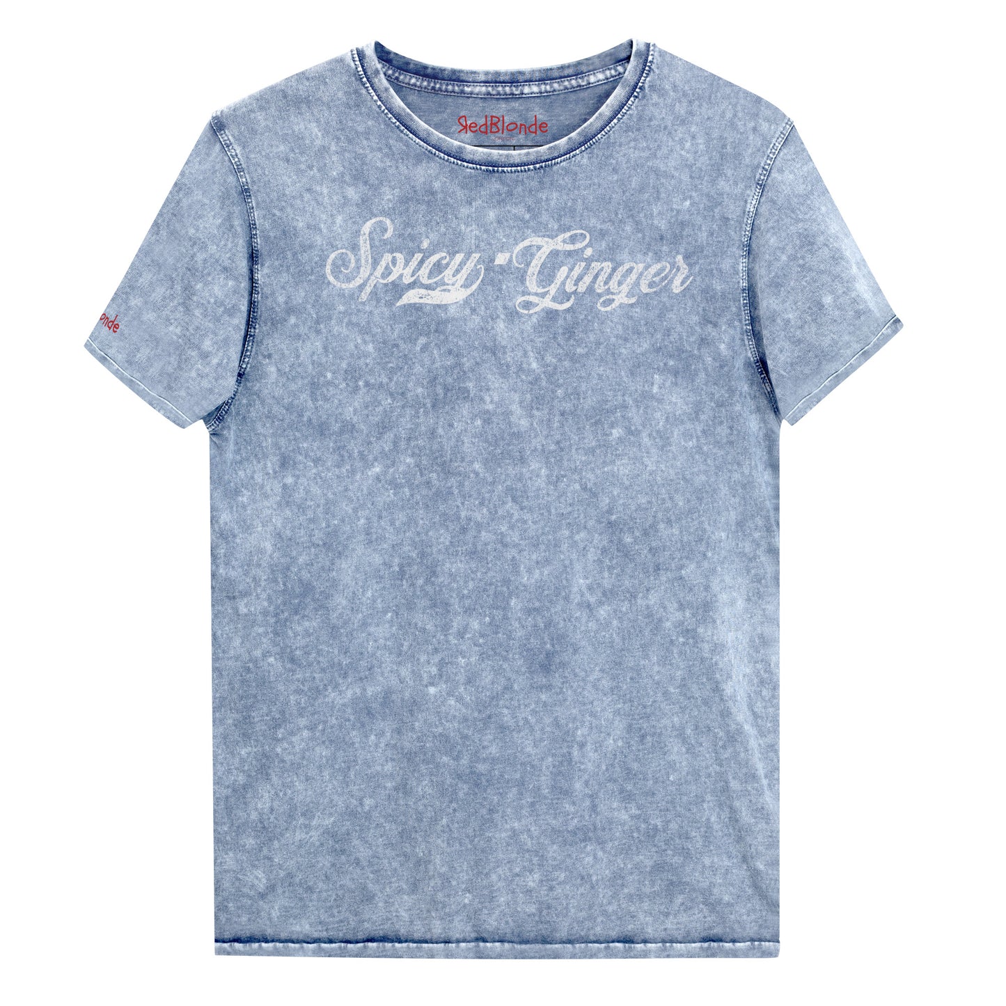 Flatlay of a blue unisex loose-fit denim wash t-shirt with vintage Coca-Cola-inspired milkstore script in white reading ‘Spicy Ginger’ on the front. Branded RedBlonde on the inside neck and right shoulder in red