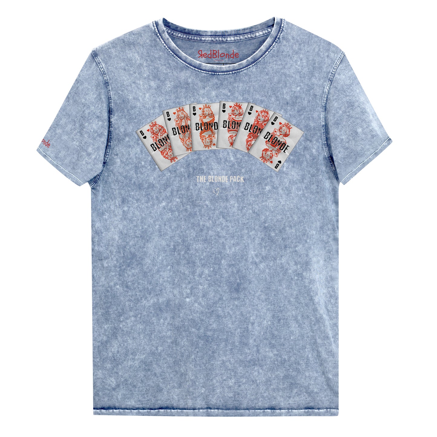 Unisex blue acid denim wash tshirt featuring a bold graphic of Queen playing cards spread across the chest, each card with a famous blonde. Below the cards, the text reads “THE BLONDE PACK” with the RedBlonde signature logo.
