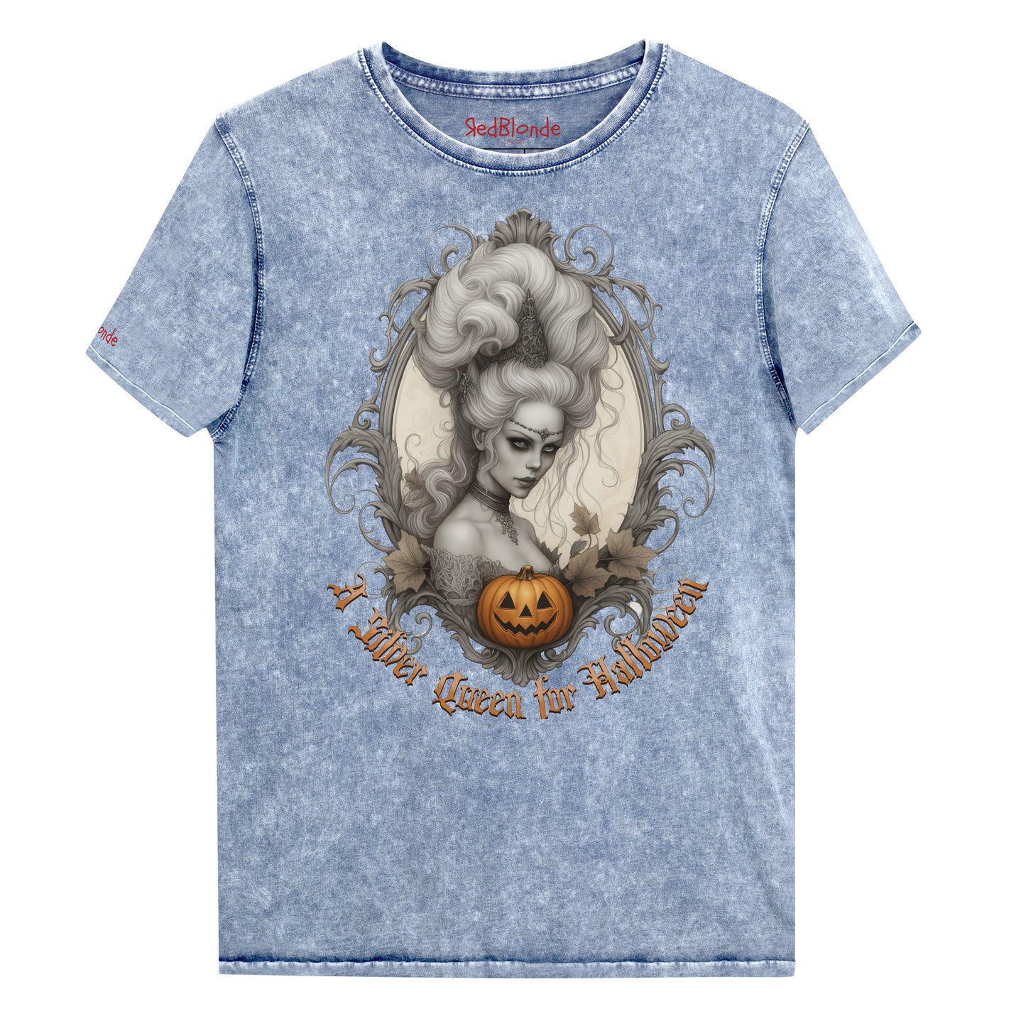 Blue acid-wash unisex T-shirt featuring a gothic-style illustration of a silver-haired woman with an elaborate beehive hairstyle, framed by ornate scrollwork, autumn leaves, and a carved pumpkin. The design is captioned with the text ‘A Silver Queen for Halloween’ in vintage Dark Angle lettering. Branded RedBlonde in red on inside neck and right sleeve