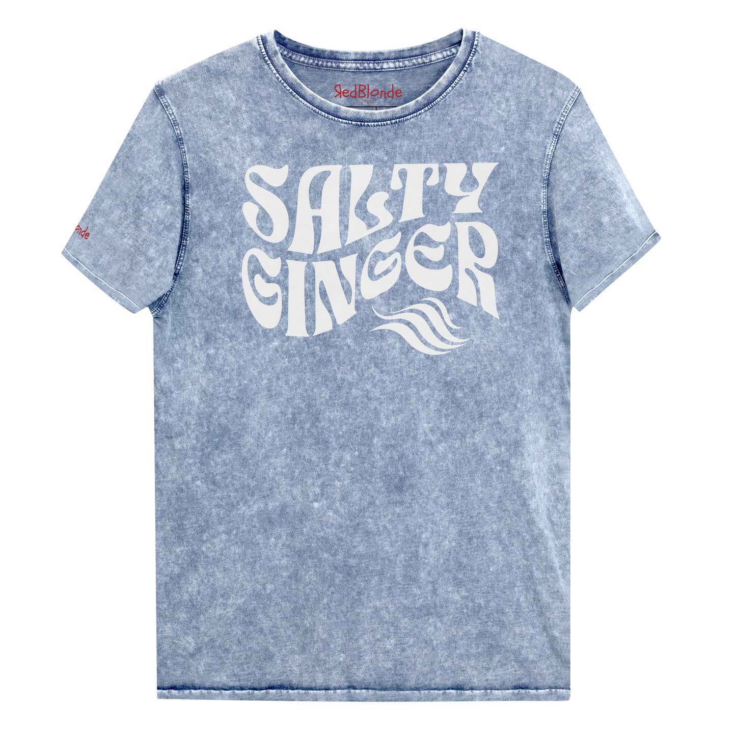 flatlay of a blue vintage wash graphic t-shirt with the slogan 'Salty Ginger' in white retro 70s wavy font. Branded RedBlonde inside neck and right shoulder in red