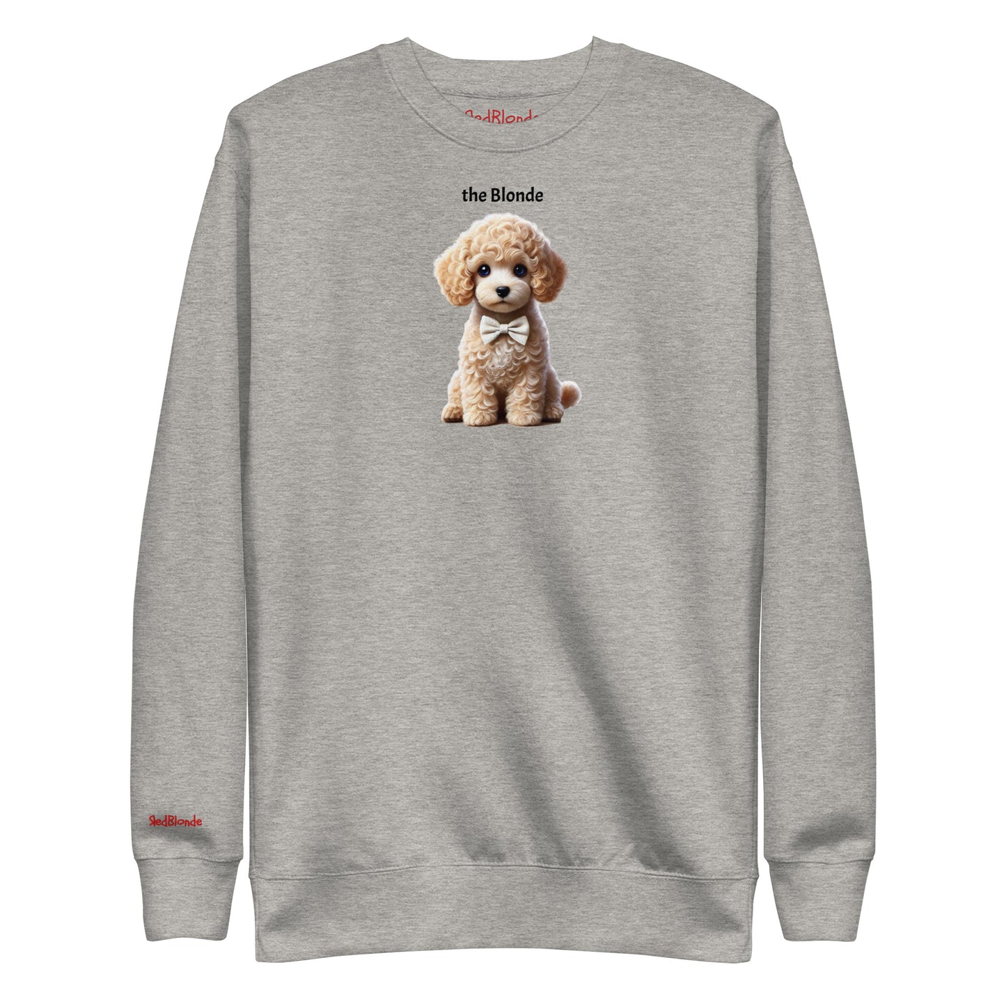 Flatlay of carbon gray relaxed fit unisex sweatshirt with a cute graphic of a Blonde Puppy wearing a bow-tie and the words 'the Blonde' linking to Blonde hair. Branded RedBlonde in red on inside neck and right cuff