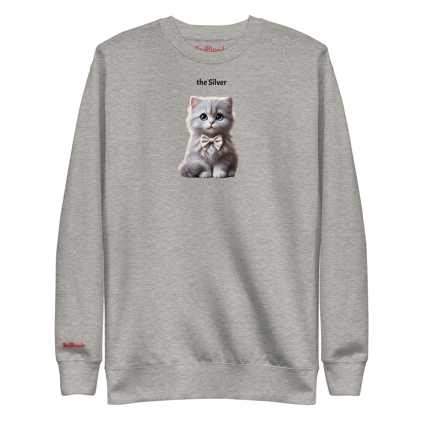 Flatlay of carbon gray relaxed fit unisex sweatshirt with a cute graphic of a silver kitten wearing a bow-tie and the words 'the Silver' linking to silver hair. Branded RedBlonde in red on inside neck and right cuff