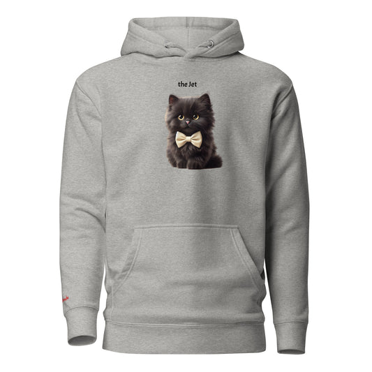 Flatlay of carbon grey relaxed fit unisex hoodie with a cute graphic of a Jet black kitten wearing a bow-tie and the words 'the Jet' linking to Black hair. Branded RedBlonde in red on inside neck and right cuff