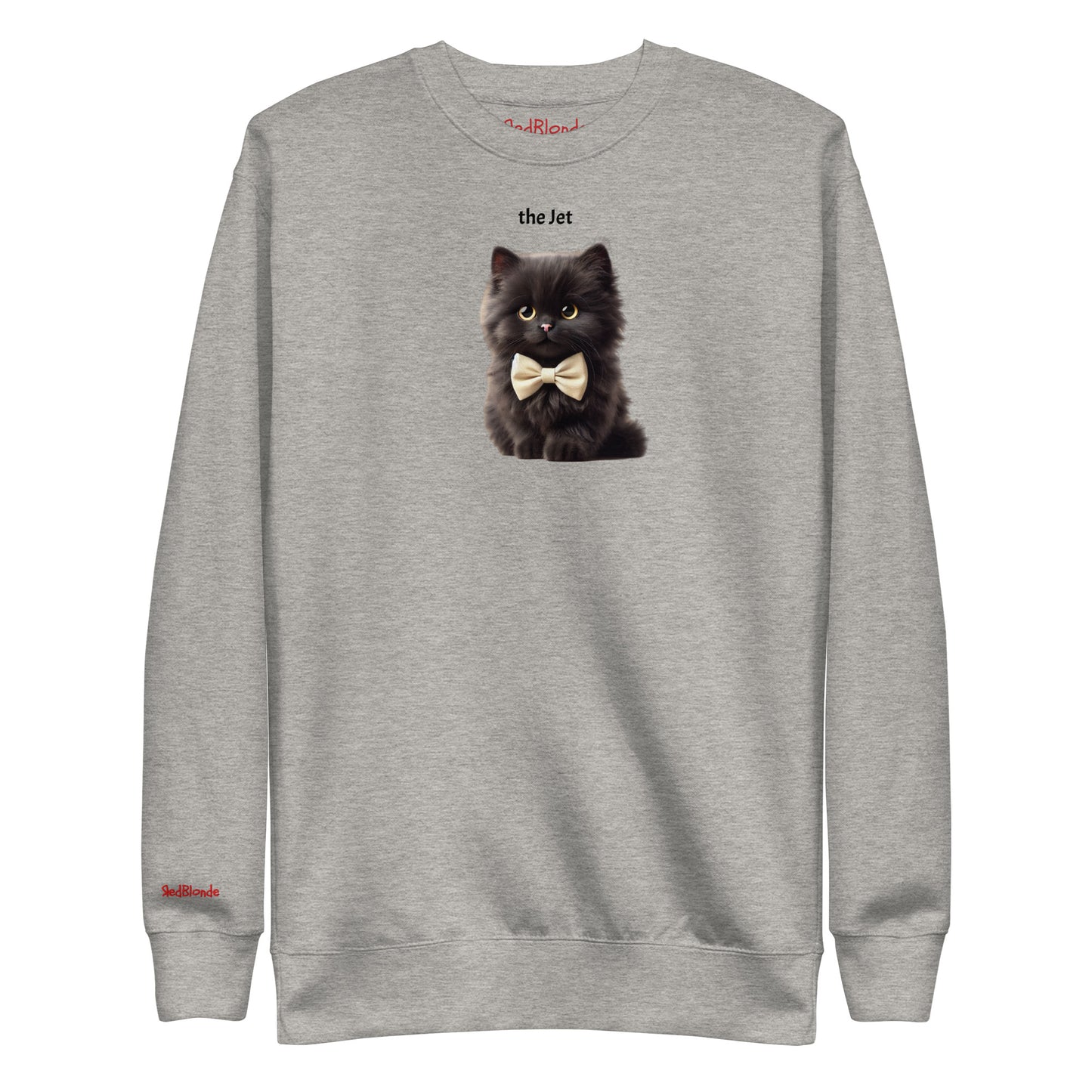 Flatlay of carbon grey relaxed fit unisex hoodie with a cute graphic of a Jet black kitten wearing a bow-tie and the words 'the Jet' linking to Black hair. Branded RedBlonde in red on inside neck and right cuff