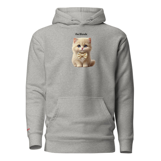 Flatlay of carbon grey relaxed fit unisex hoodie with a cute graphic of a blonde kitten wearing a bow-tie and the words 'the Blonde' linking to Blonde hair. Branded RedBlonde in red on inside neck and right cuff