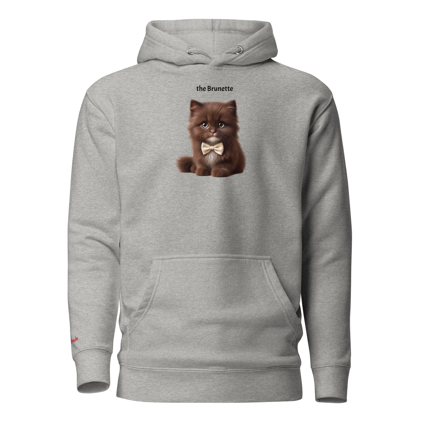 Flatlay of carbon grey relaxed fit unisex hoodie with a cute graphic of a brunette kitten wearing a bow-tie and the words 'the Brunette' linking to Brunette hair. Branded RedBlonde in red on inside neck and right cuff