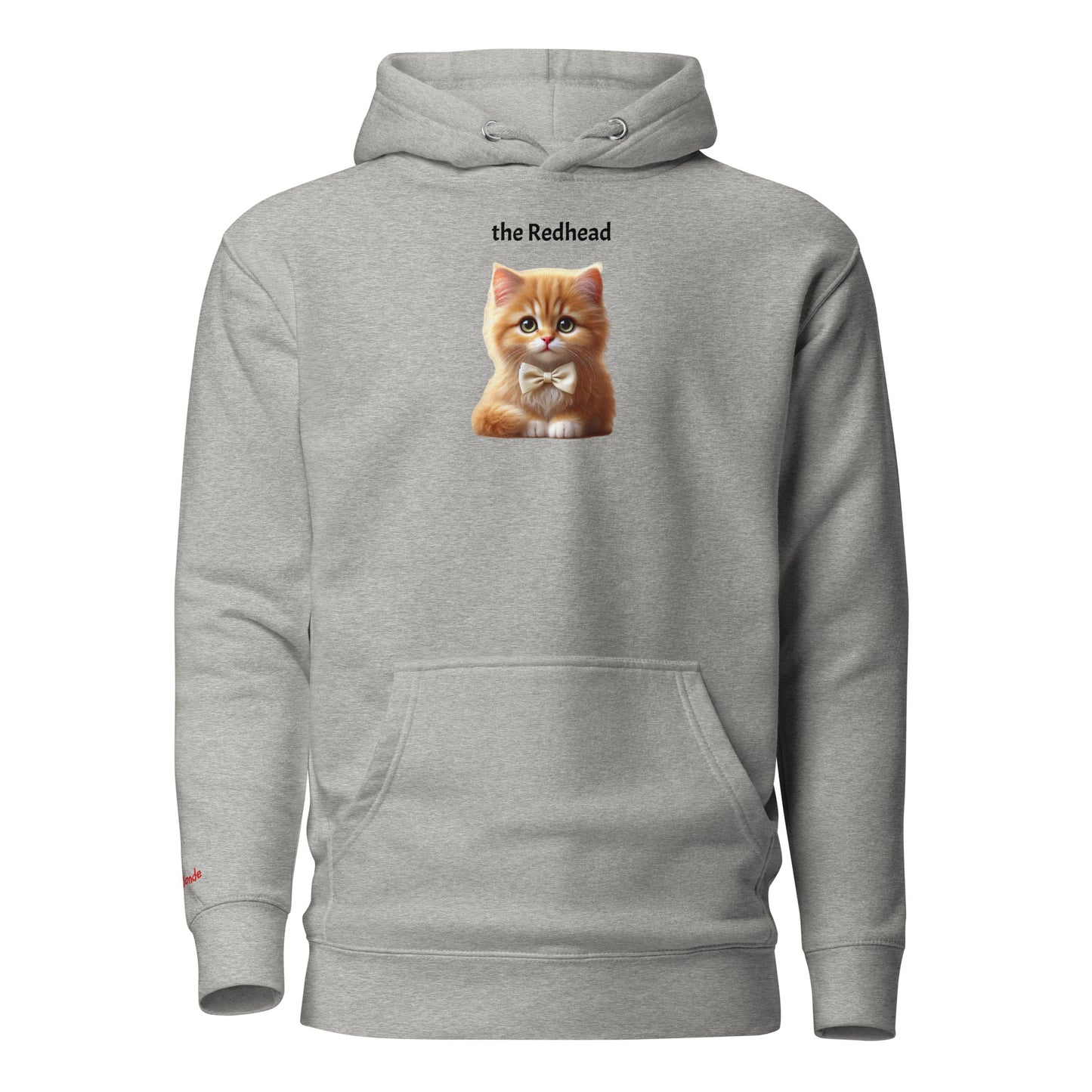 Flatlay of carbon grey relaxed fit unisex hoodie with a cute graphic of a redhead kitten wearing a bow-tie and the words 'the Redhead' linking to Red hair. Branded RedBlonde in red on inside neck and right cuff