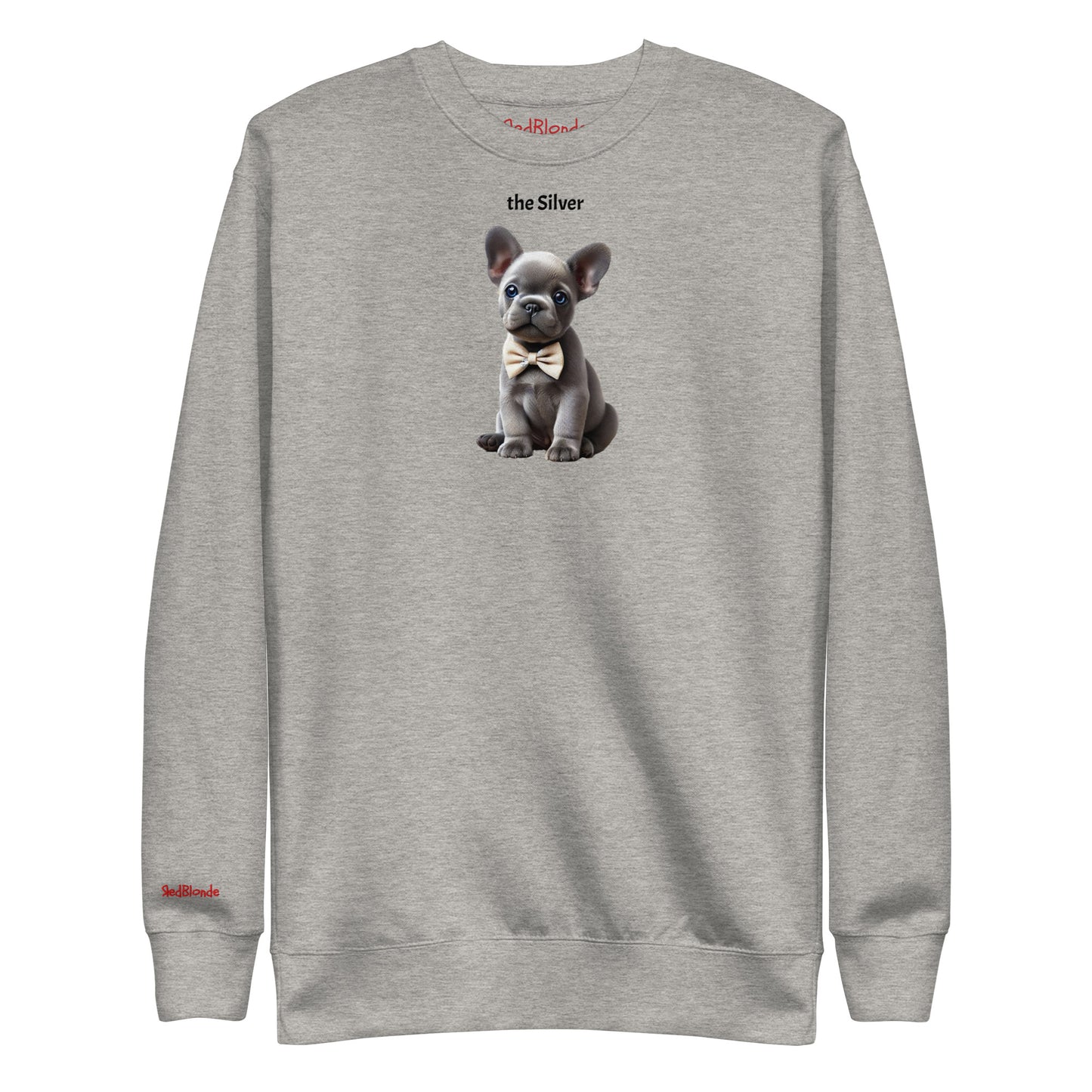 Flatlay of carbon grey relaxed fit unisex sweatshirt with a cute graphic of a Silver puppy wearing a bow-tie and the words 'the Silver' linking to silver hair. Branded RedBlonde in red on inside neck and right cuff
