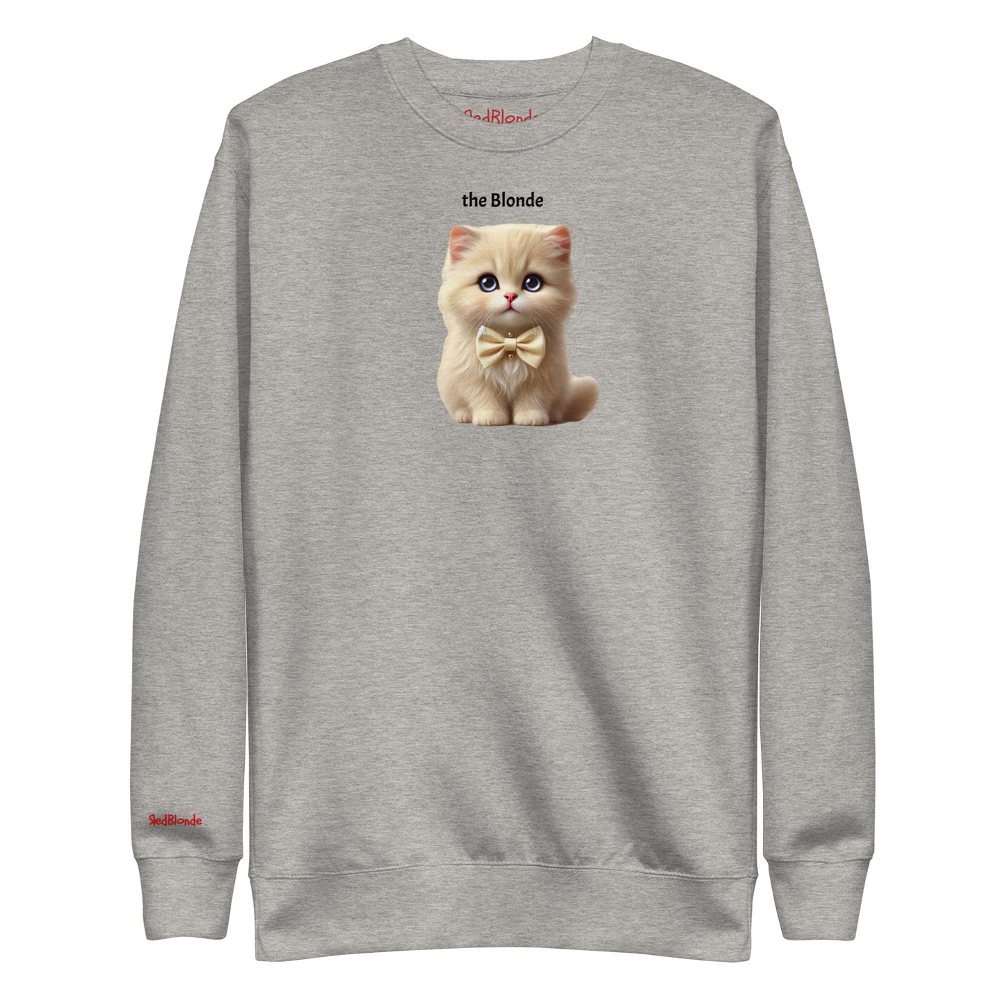 Flatlay of carbon grey relaxed fit unisex sweatshirt with a cute graphic of a blonde kitten wearing a bow-tie and the words 'the Blonde' linking to Blonde hair. Branded RedBlonde in red on inside neck and right cuff