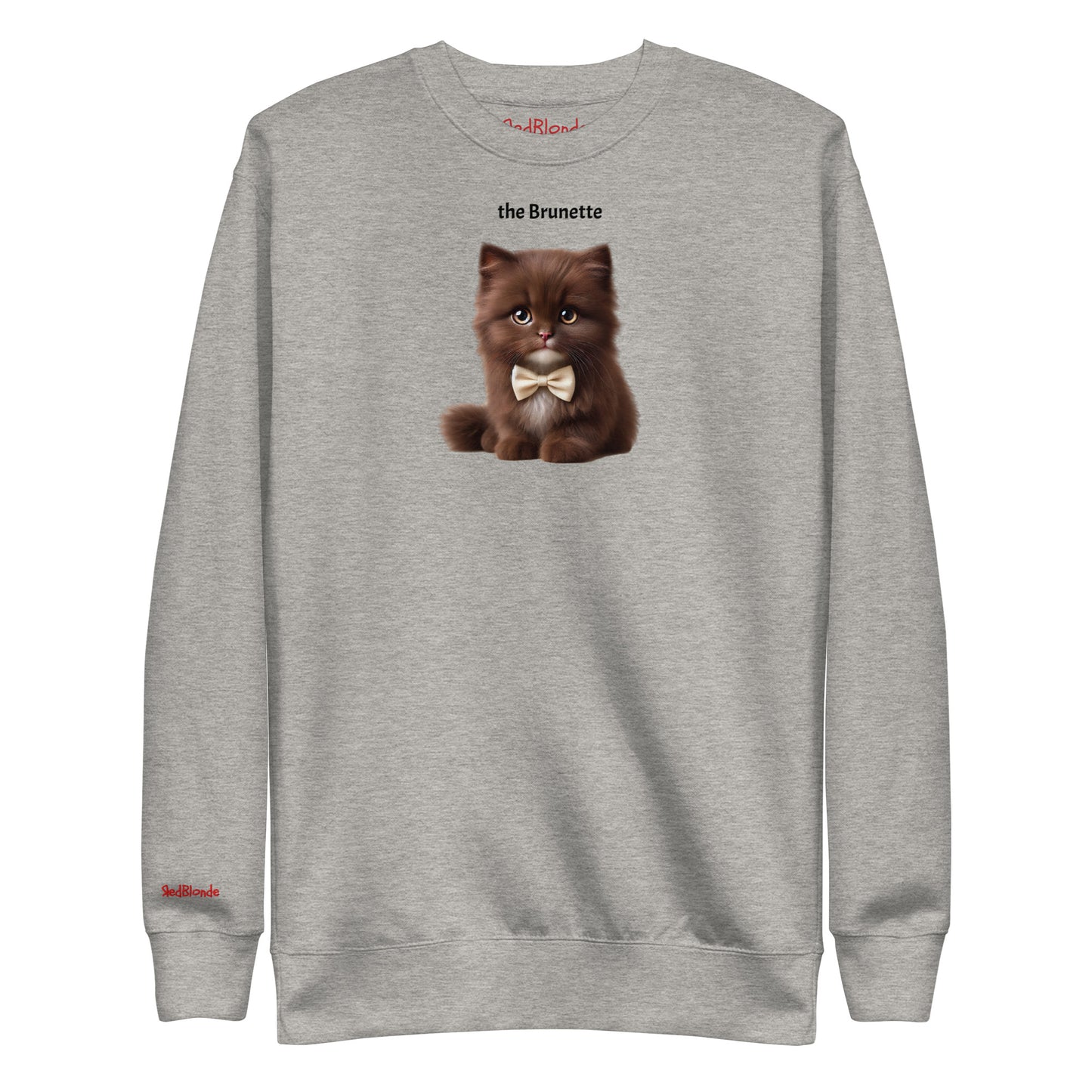 Flatlay of carbon grey relaxed fit unisex sweatshirt with a cute graphic of a brunette kitten wearing a bow-tie and the words 'the Brunette' linking to Brunette hair. Branded RedBlonde in red on inside neck and right cuff