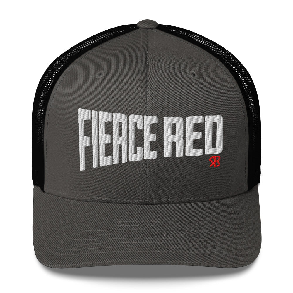 charcoal/black retro trucker cap with bold white embroidered text “Fierce Red” across the front, featuring a small red RB logo on the side.