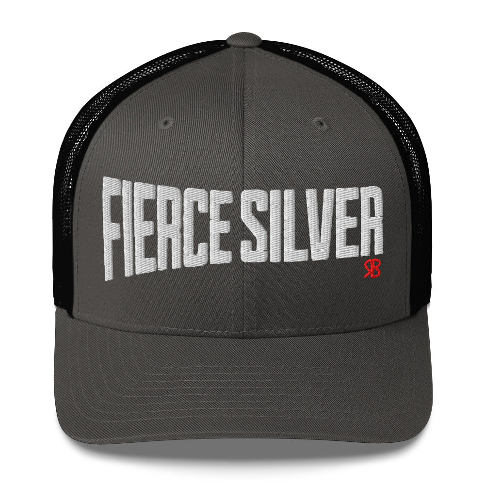 dark grey/black retro trucker cap with bold white embroidered text “Fierce Silver” across the front, featuring a small red RB logo on the side.