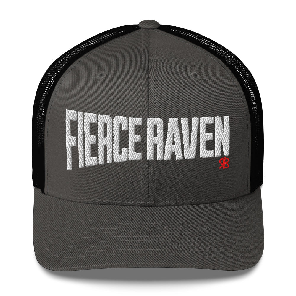 charcoal grey/black retro trucker cap with bold white embroidered text “Fierce Raven” across the front, featuring a small red RB logo on the side.