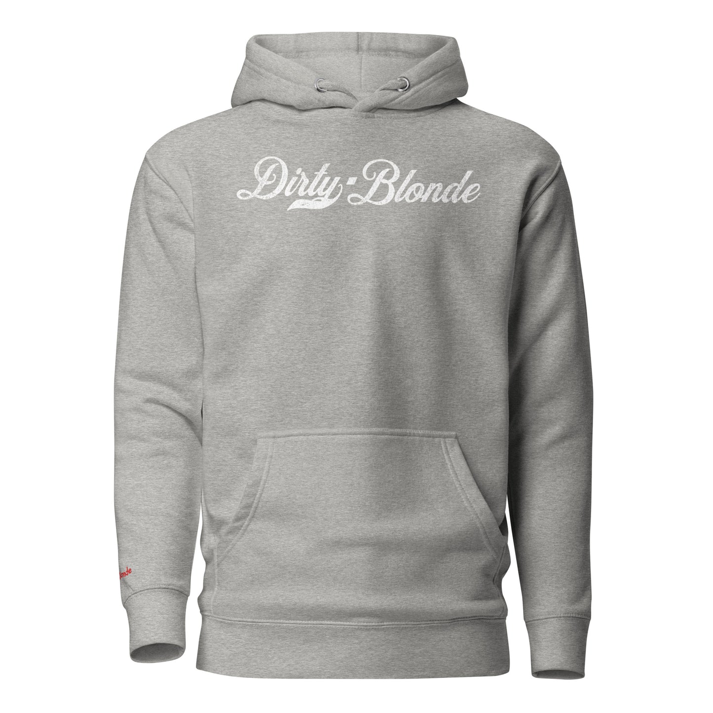 Flatlay of a classic carbon gray relaxed fit unisex hoodie with the words 'dirty Blonde' written in white vintage milkstore font, like coco cola script. Branded RedBlonde London in red on inside neck and right sleeve