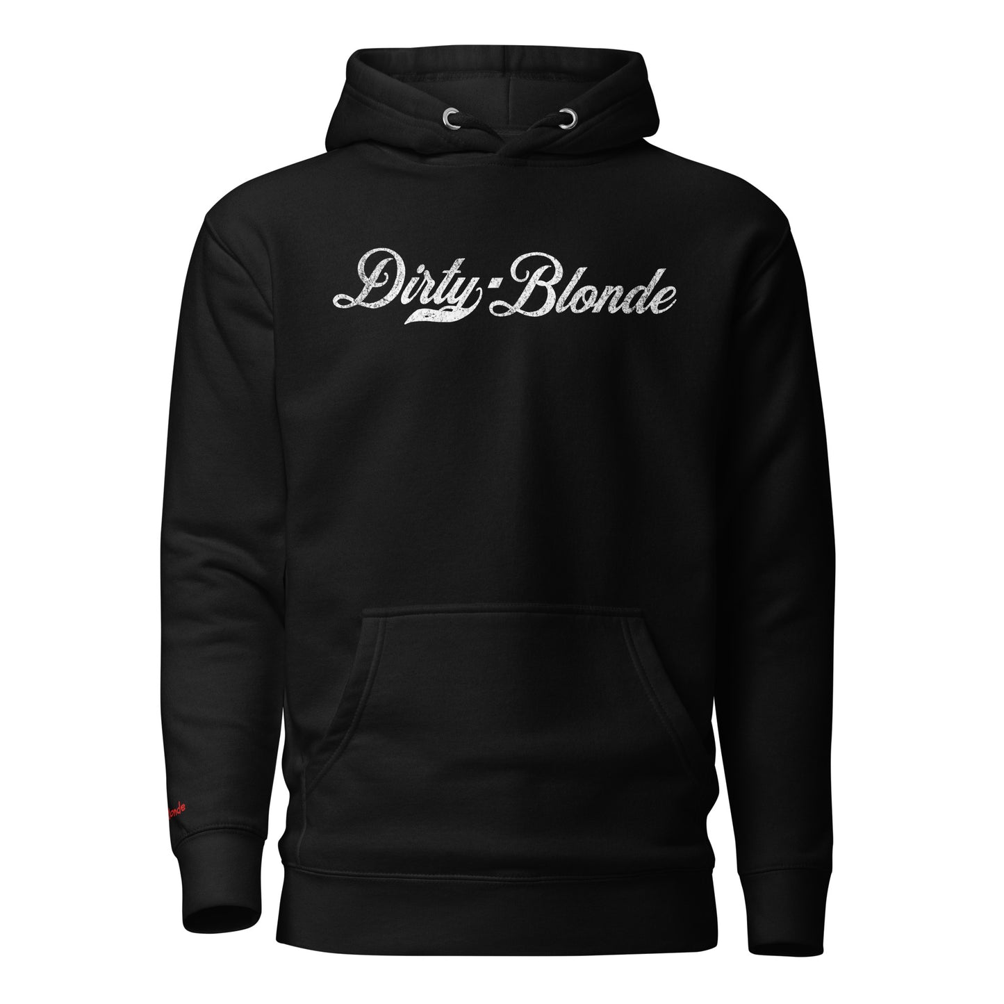 Flatlay of a classic carbon grey relaxed fit unisex hoodie with the words 'dirty Blonde' written in white vintage milkstore font, like coco cola script. Branded RedBlonde London in red on inside neck and right sleeve