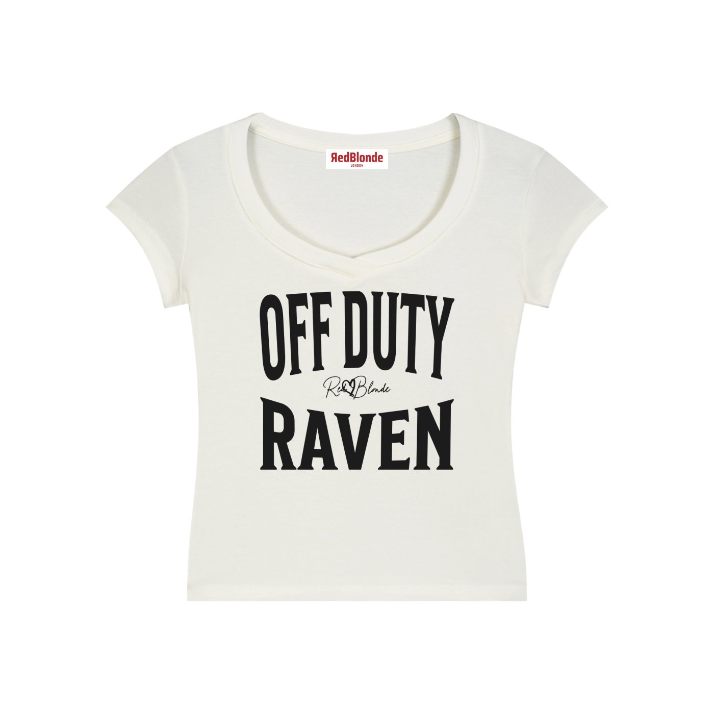 cream fitted V-neck T-shirt with black ‘OFF DUTY RAVEN’ Brookfield text front print, RedBlonde logo detail, and RedBlonde neck label