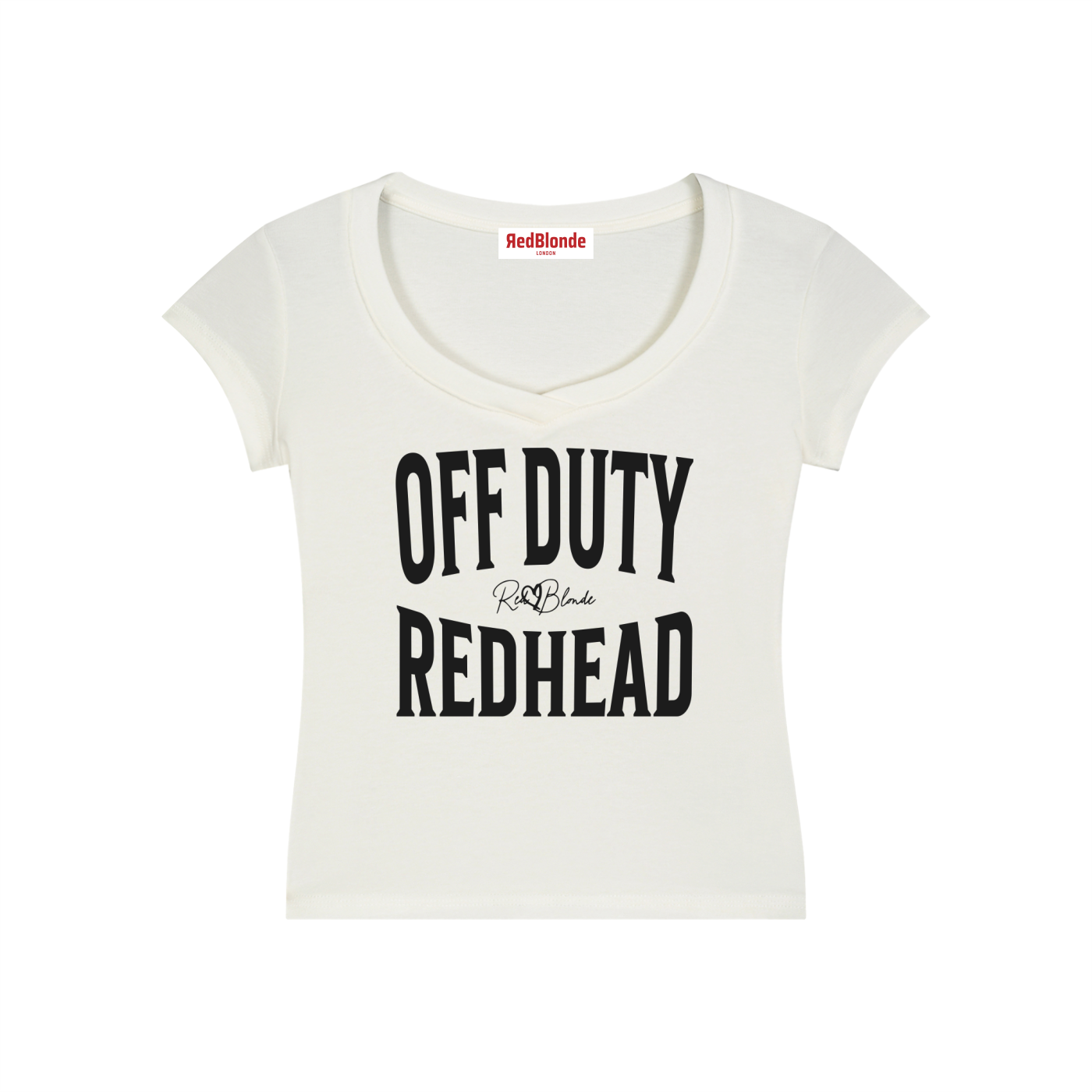 cream fitted V-neck T-shirt with black ‘OFF DUTY REDHEAD’ Brookfield text front print, RedBlonde logo detail, and RedBlonde neck label