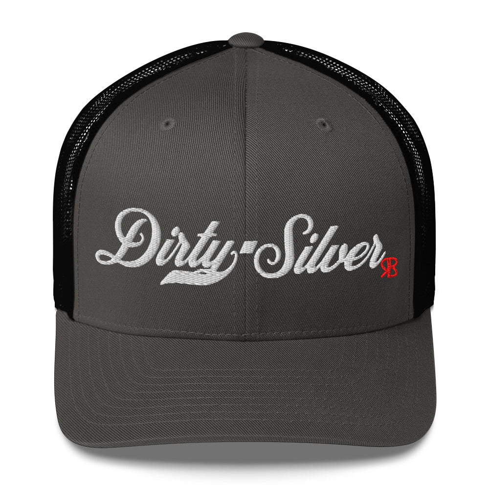 dark grey/black trucker cap with 'Dirty Silver' in white milkstore font. Branded RB in Red