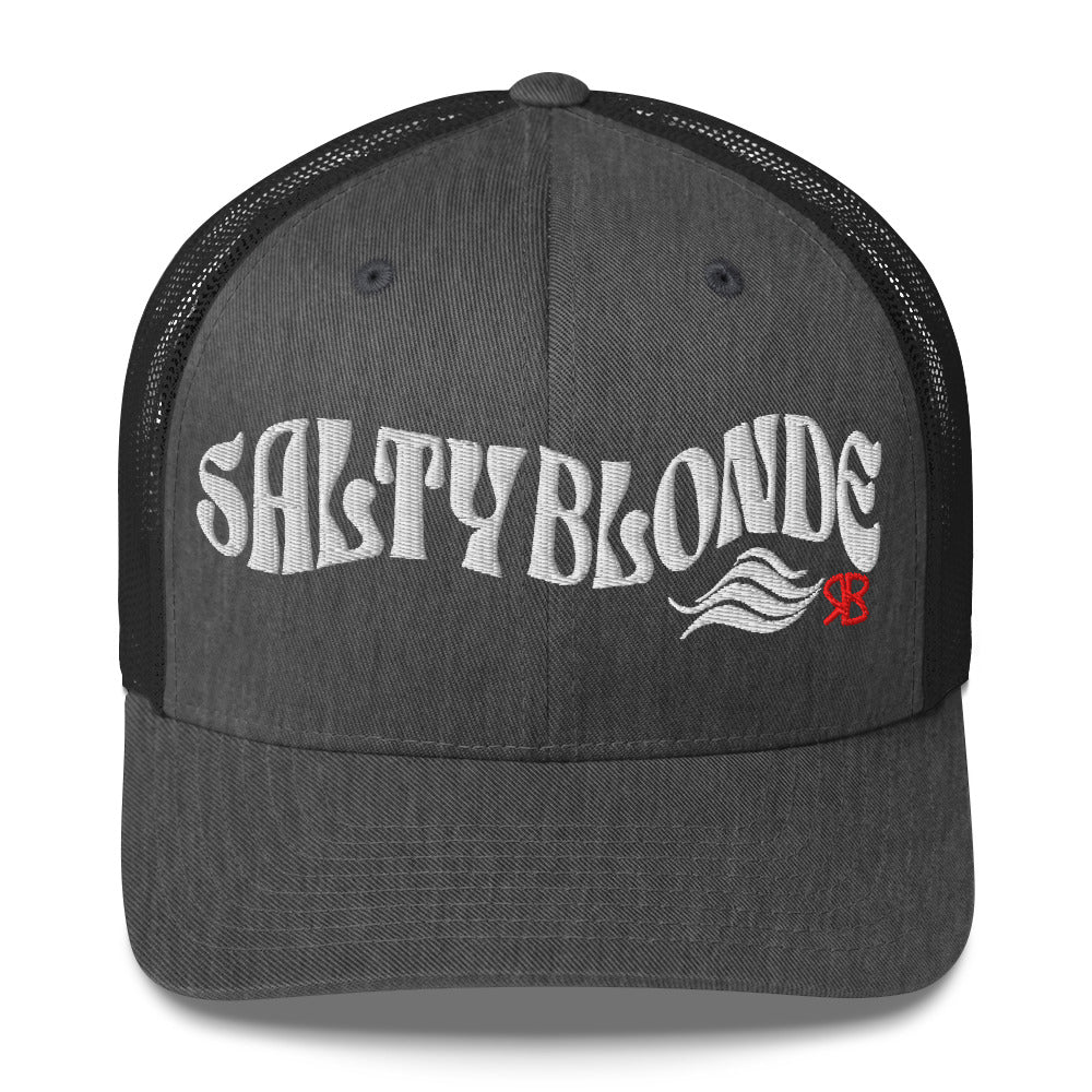 dark grey/black trucker cap with 'Salty Blonde in white Solino display font. Branded RB in red
