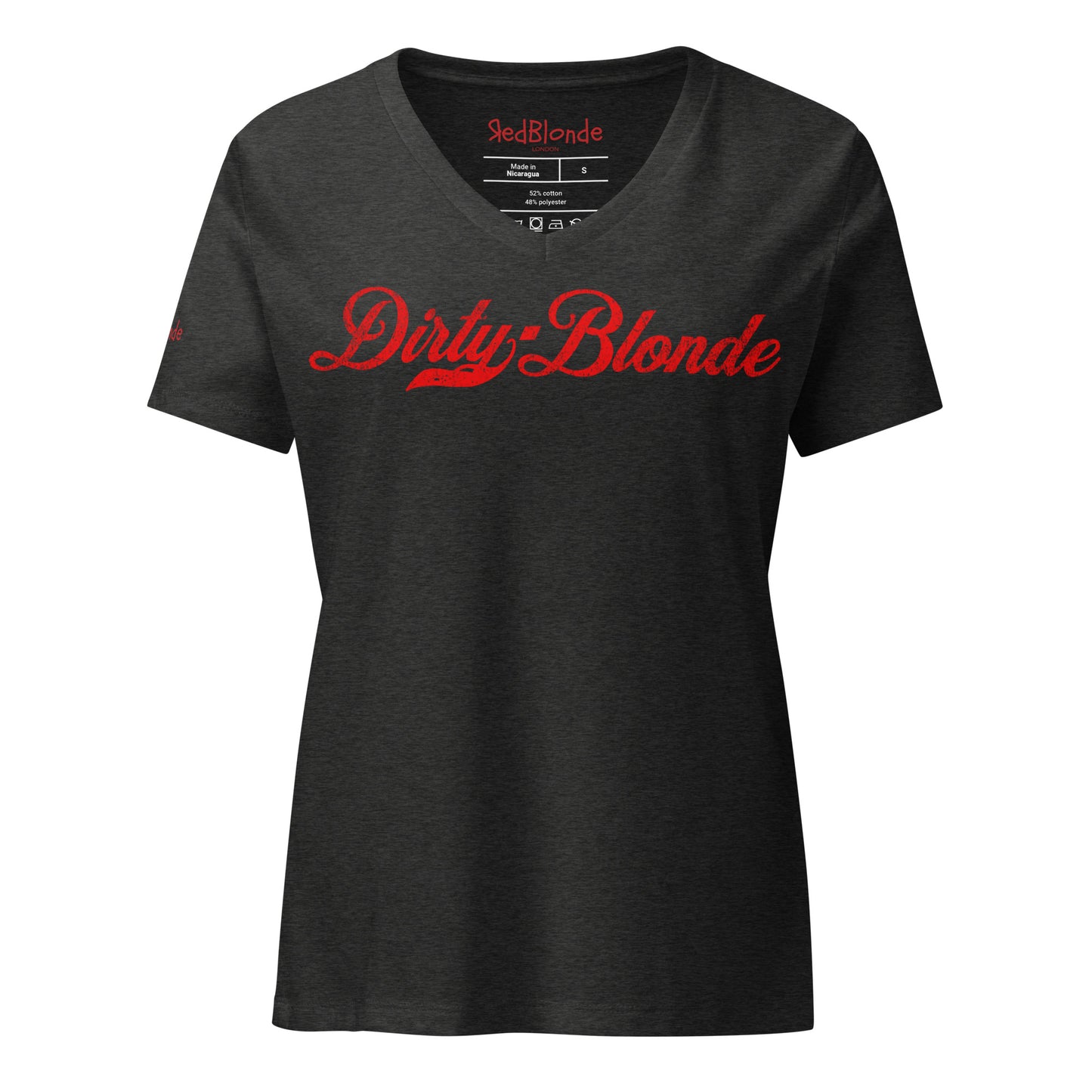 flatlay of a dark heather grey unisex relaxed fit V-neck t-shirt with “Dirty Blonde” written in vintage Coca-Cola red script on the front. Branded RedBlonde London in red on inside neck and right sleeve