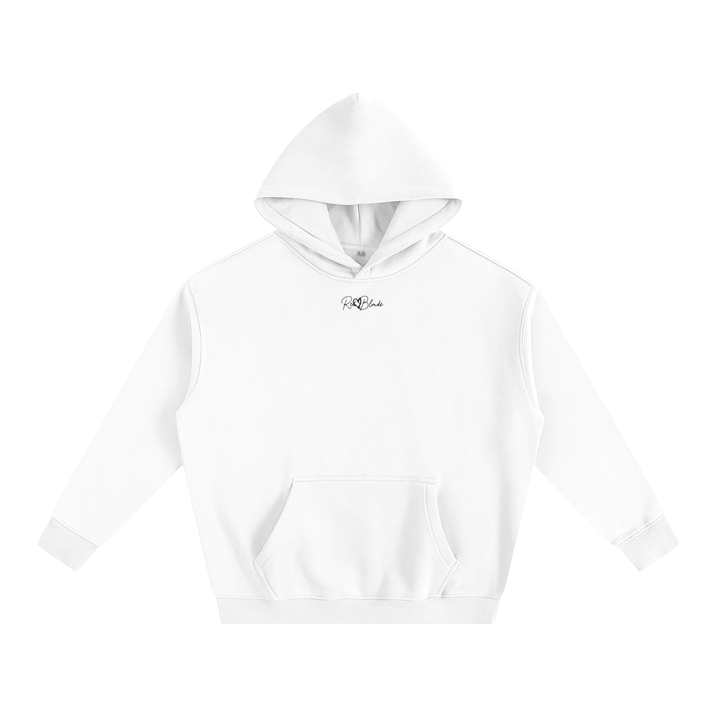 White hoodie with a small logo on a white background