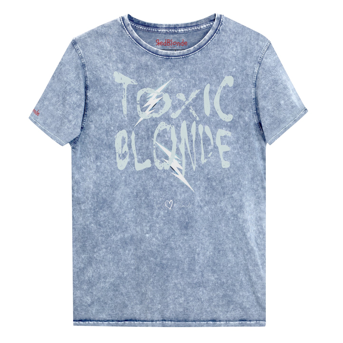 Denim Blue acid-wash denim-style unisex t-shirt with the bold graphic text “TOXIC BLONDE” in distressed light blue Chainsaw Carnage lettering across the front, featuring the RedBlonde logo subtly printed below the text. Branded RedBlonde in red in inside neck and right sleeve