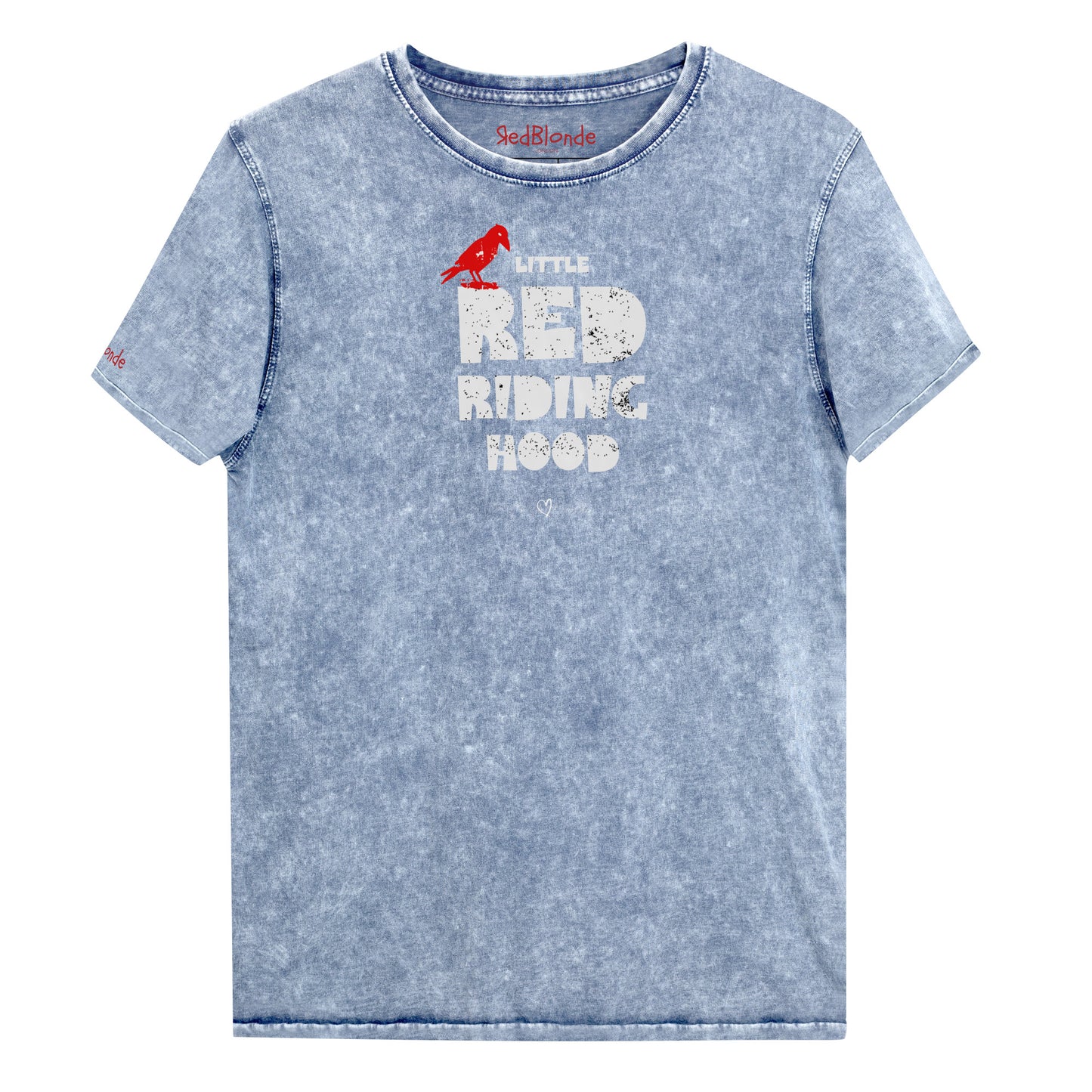 denim blue vintage acid wash denim look unisex t-shirt featuring bold distressed Love Birds font in white reading “Little Red Riding Hood” with a small red lack crow perched on the word “Little,” and the RedBlonde signature logo below. Branded RedBlonde London on inside neck and right sleeve