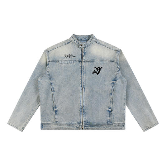 A light-wash denim jacket shown from the front on a white background. Features the redblonde signature logo top right and a hand-drawn black cupid heart.