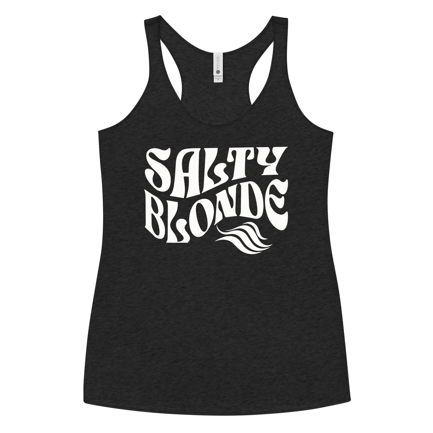 Flatlay of a heather black soft racerback tank t-shirt with 'Salty Blonde' play on words slogan in white retro 70s font. Branded RedBlonde on reverse