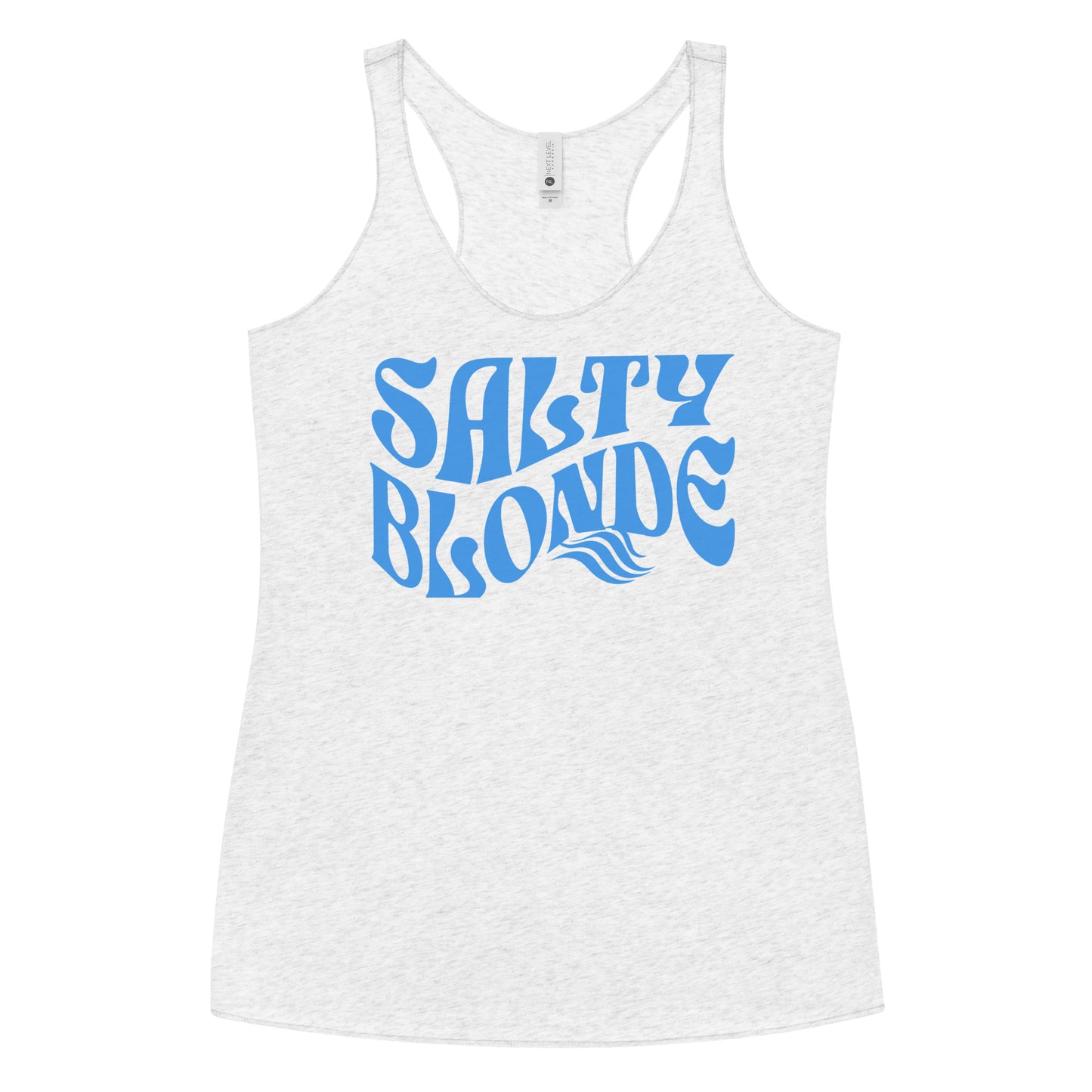 Flatlay of a heather white soft racerback tank t-shirt with 'Salty Blonde' play on words slogan in blue retro 70s wavy font. Branded RedBlonde on reverse