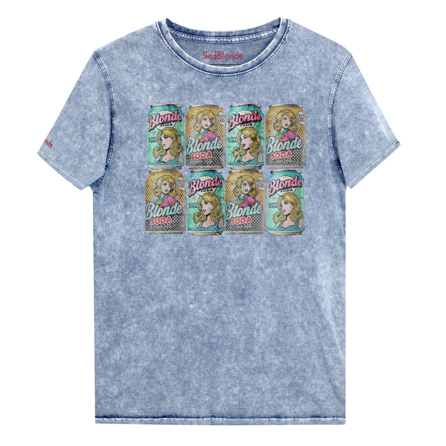 A flatlay relaxed vintage blue denim-wash t-shirt with an Andy Warhol inspired pop-art graphic of stacked 'Blonde Soda' cans. Branded RedBlonde London in red on the inside neck and right sleeve