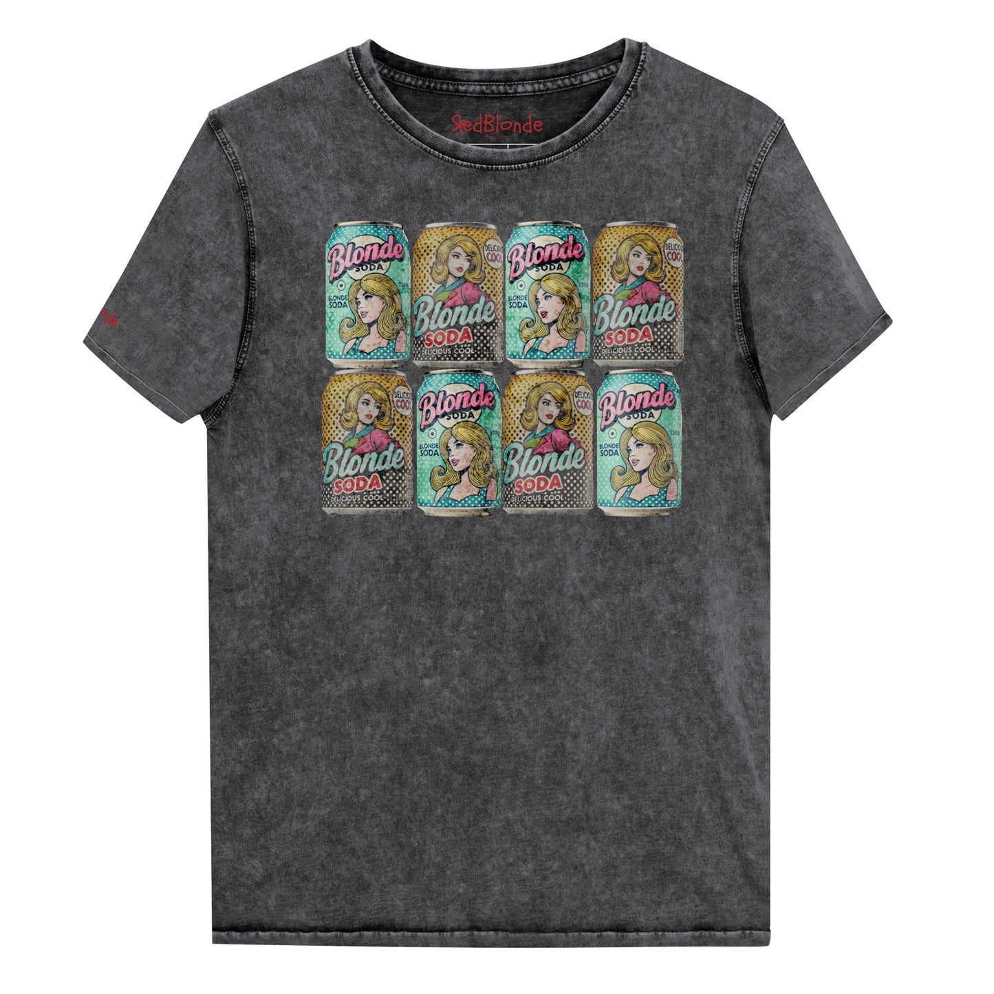 A flatlay relaxed vintage dark grey denim-wash t-shirt with an Andy Warhol inspired pop-art graphic of stacked 'Blonde Soda' cans. Branded RedBlonde London in red on the inside neck and right sleeve