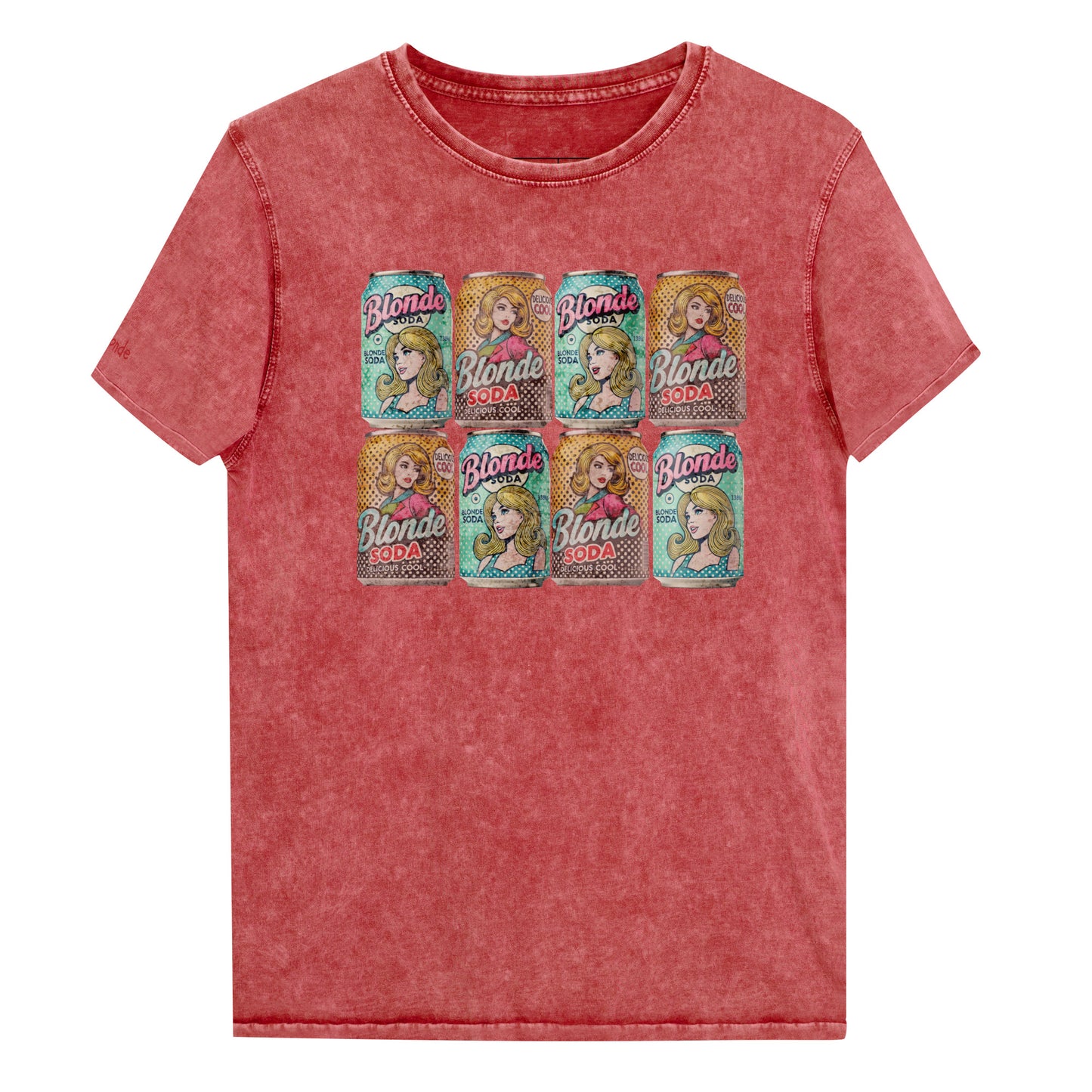 A flatlay relaxed vintage garnet denim-wash t-shirt with an Andy Warhol inspired pop-art graphic of stacked 'Blonde Soda' cans. Branded RedBlonde London in red on the inside neck and right sleeve