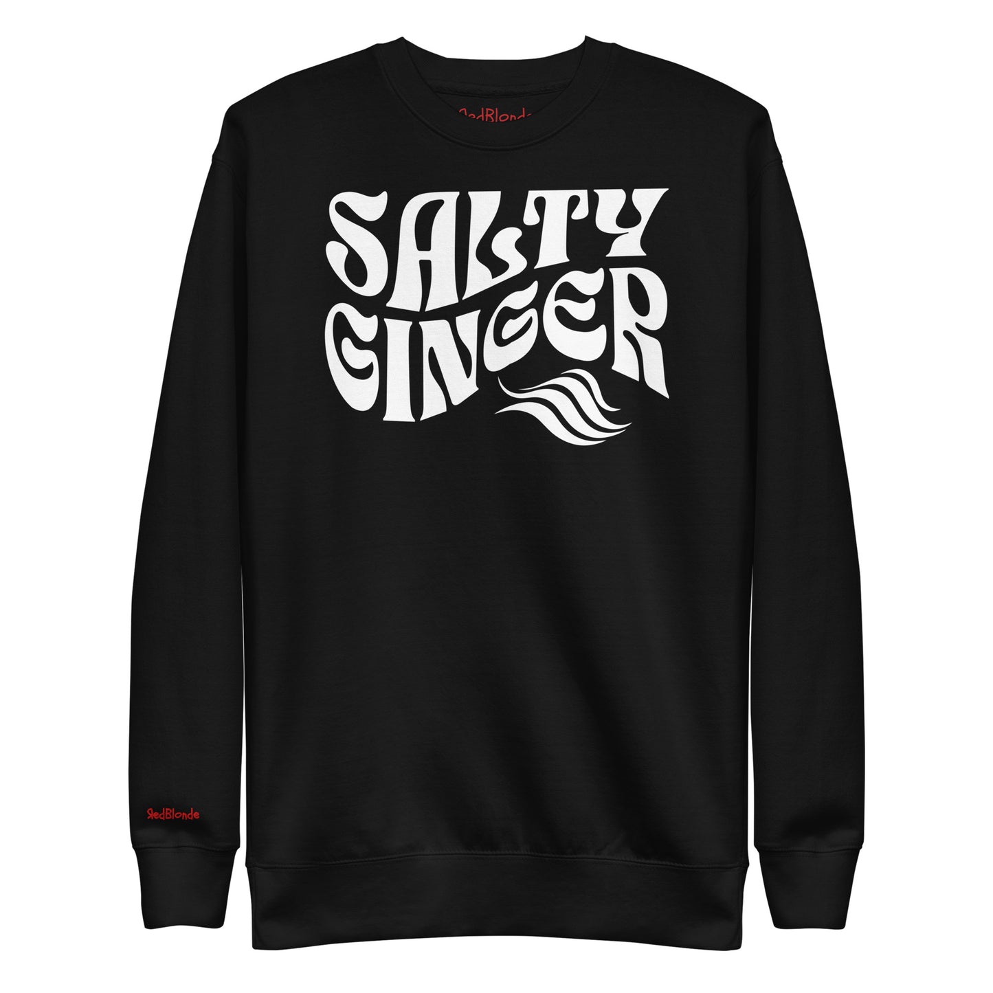 flatlay of Classic relaxed fit unisex sweatshirt in black with 'Salty Ginger' in white Solino Display retro 70s wavy text. Branded RedBlonde London in red on inside neck and right cuff