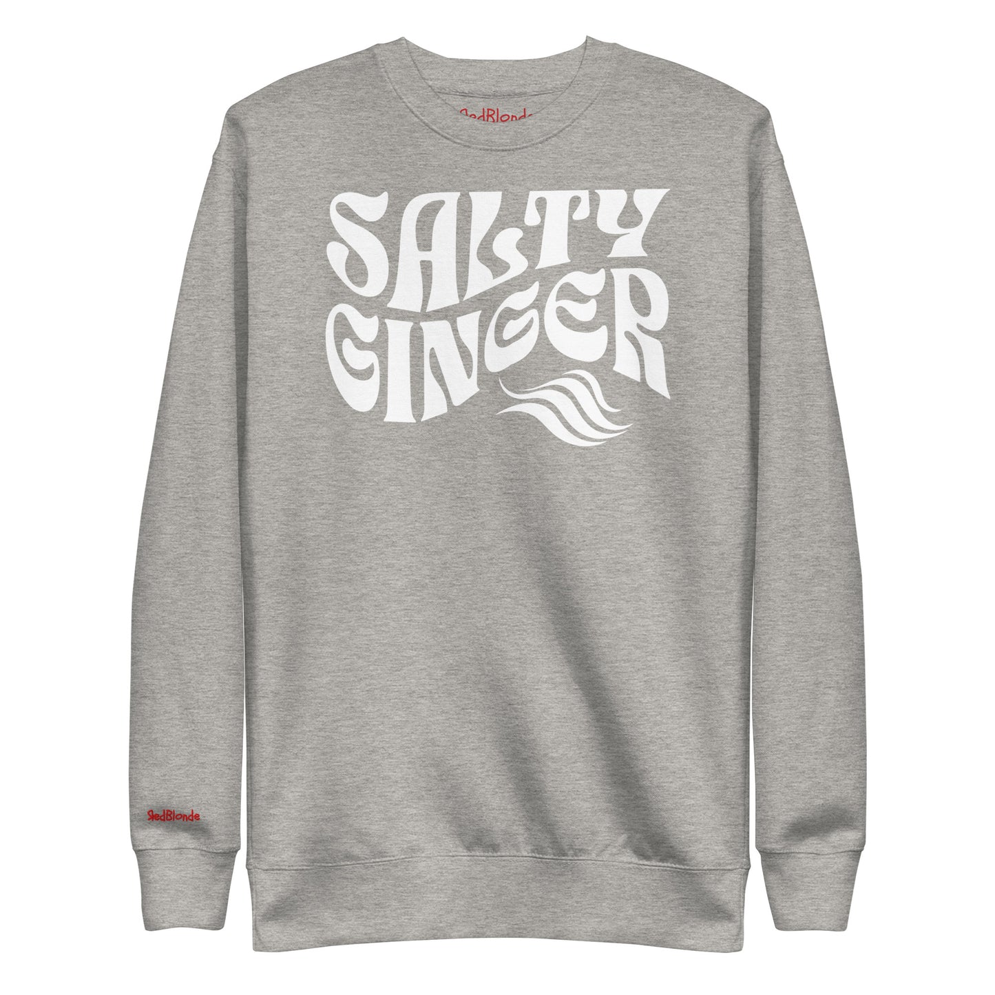 flatlay of Classic relaxed fit unisex sweatshirt in grey with 'Salty Ginger' in white Solino Display retro 70s wavy text. Branded RedBlonde London in red on inside neck and right cuff