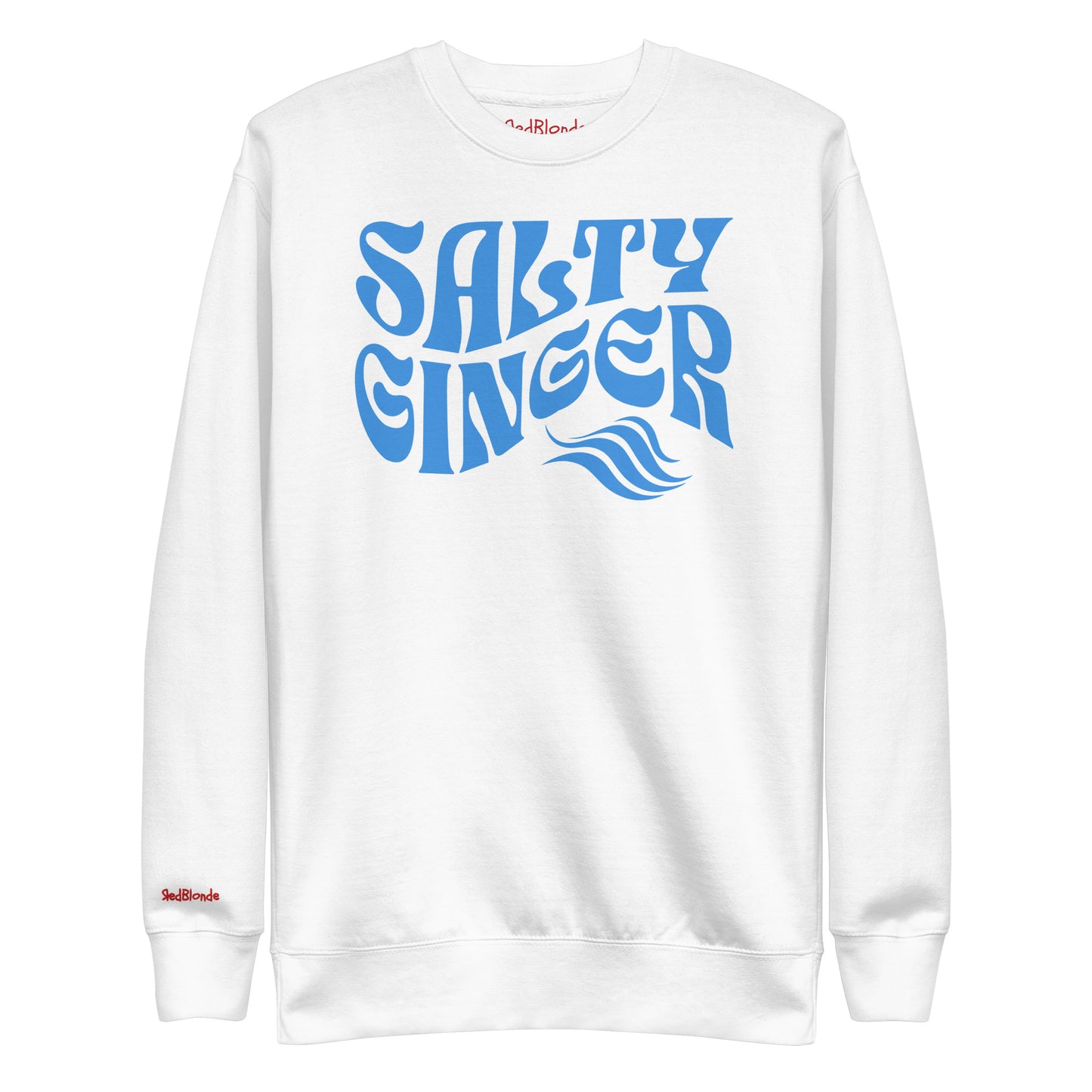 flatlay of Classic relaxed fit unisex sweatshirt in white with 'Salty Ginger' in blue Solino Display retro 70s wavy text. Branded RedBlonde London in red on inside neck and right cuff