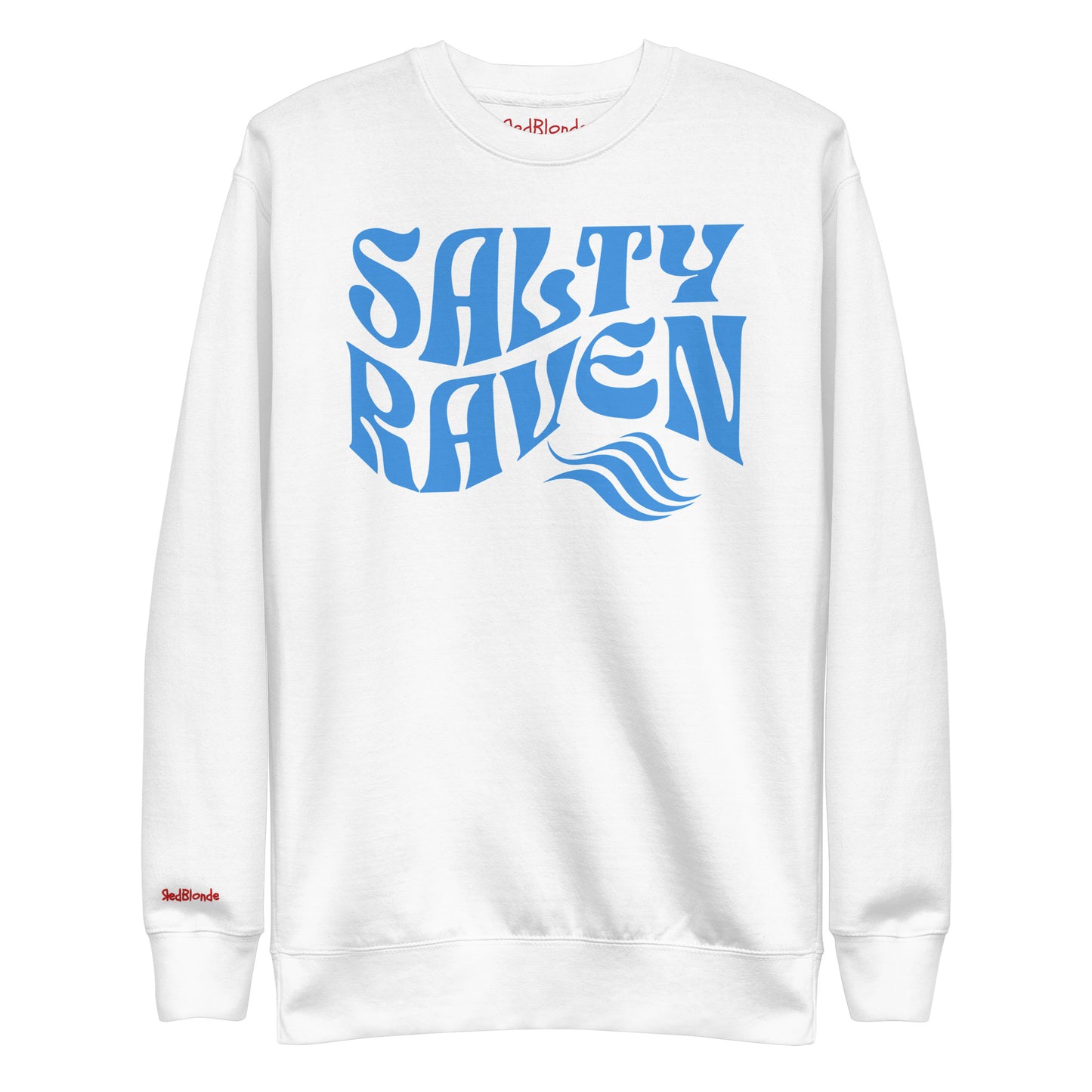 flatlay of Classic relaxed fit unisex sweatshirt in white with 'Salty Raven' play on words slogan in blue retro wavy 70s text. Branded RedBlonde on inside neck and right cuff in red