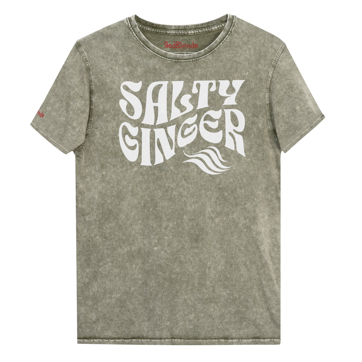 flatlay of a army green vintage wash graphic t-shirt with the slogan 'Salty Ginger' in white retro 70s wavy font. Branded RedBlonde inside neck and right shoulder in red