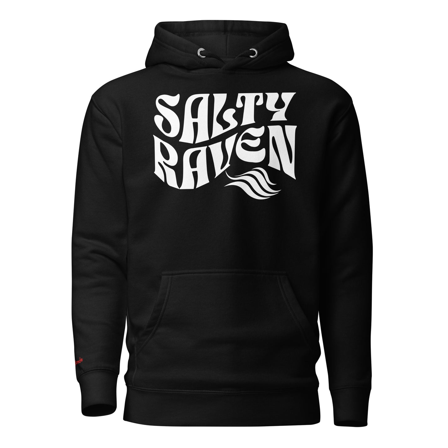 flatlay of a black unisex relaxed fit hoodie with the slogan 'Salty Raven' in white retro 70s wavy font. Branded RedBlonde in red on inside neck and right sleeve. Branded RedBlonde London in red on inside neck and right cuff
