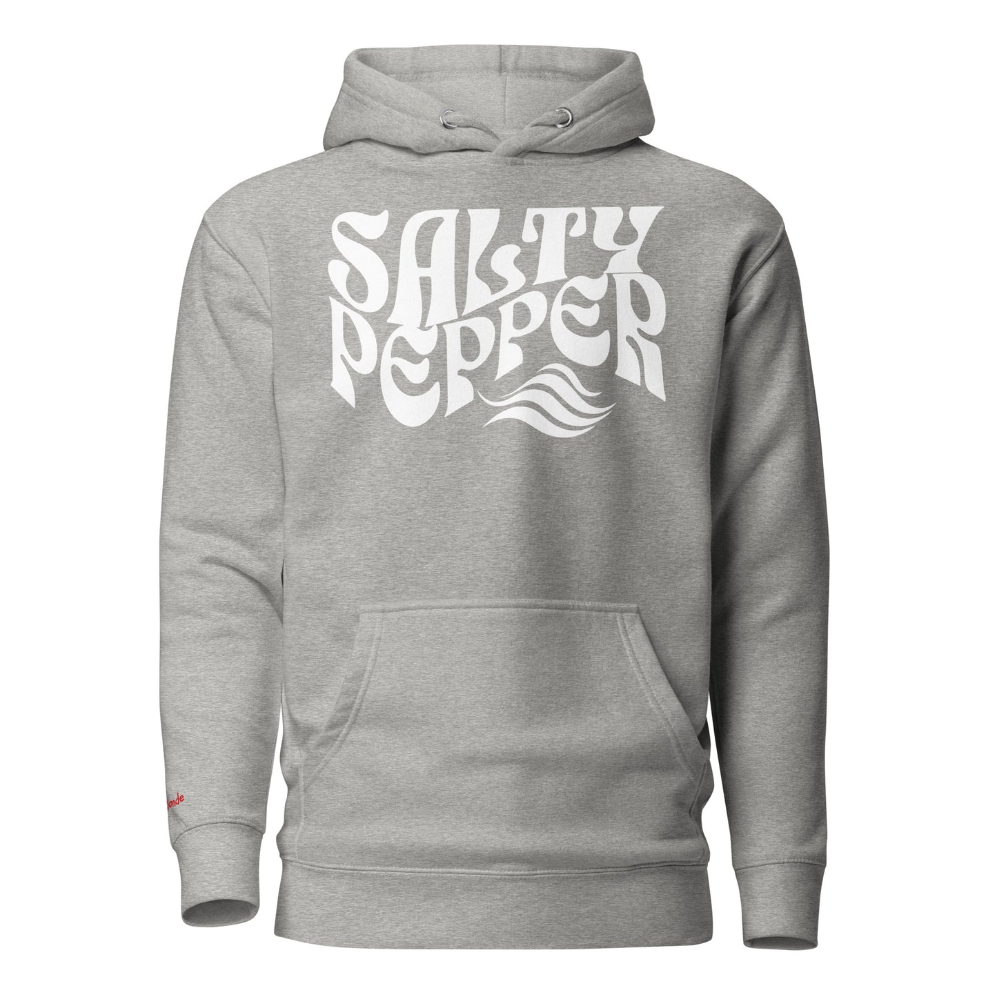 flatlay of a grey unisex relaxed fit hoodie with the slogan 'Salty Pepper' in white retro 70s wavy font. Branded RedBlonde in red on inside neck and right sleeve. Branded RedBlonde London in red on inside neck and right cuff